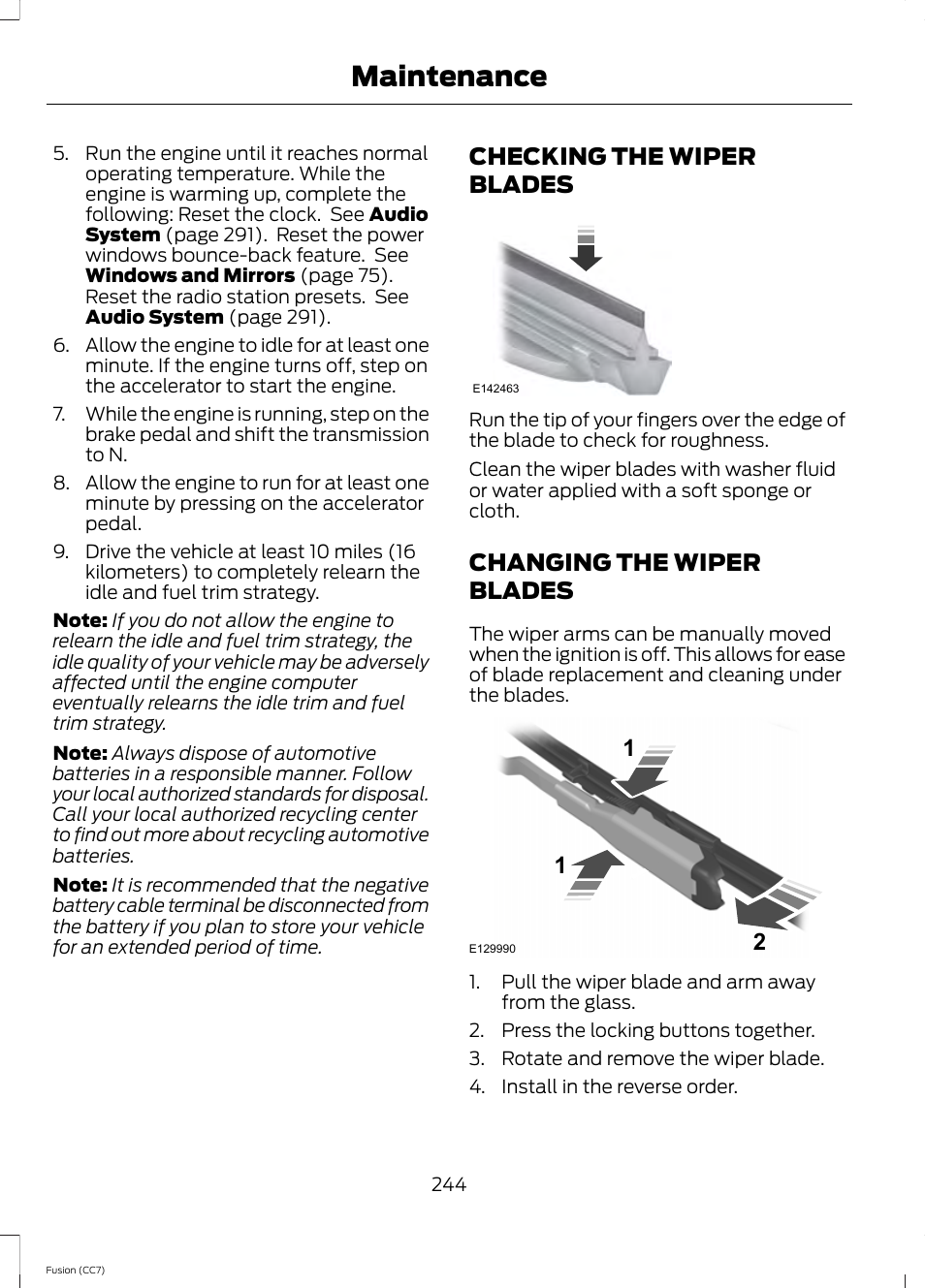 Checking the wiper blades, Changing the wiper blades, Maintenance | FORD 2014 Fusion v.2 User Manual | Page 246 / 453