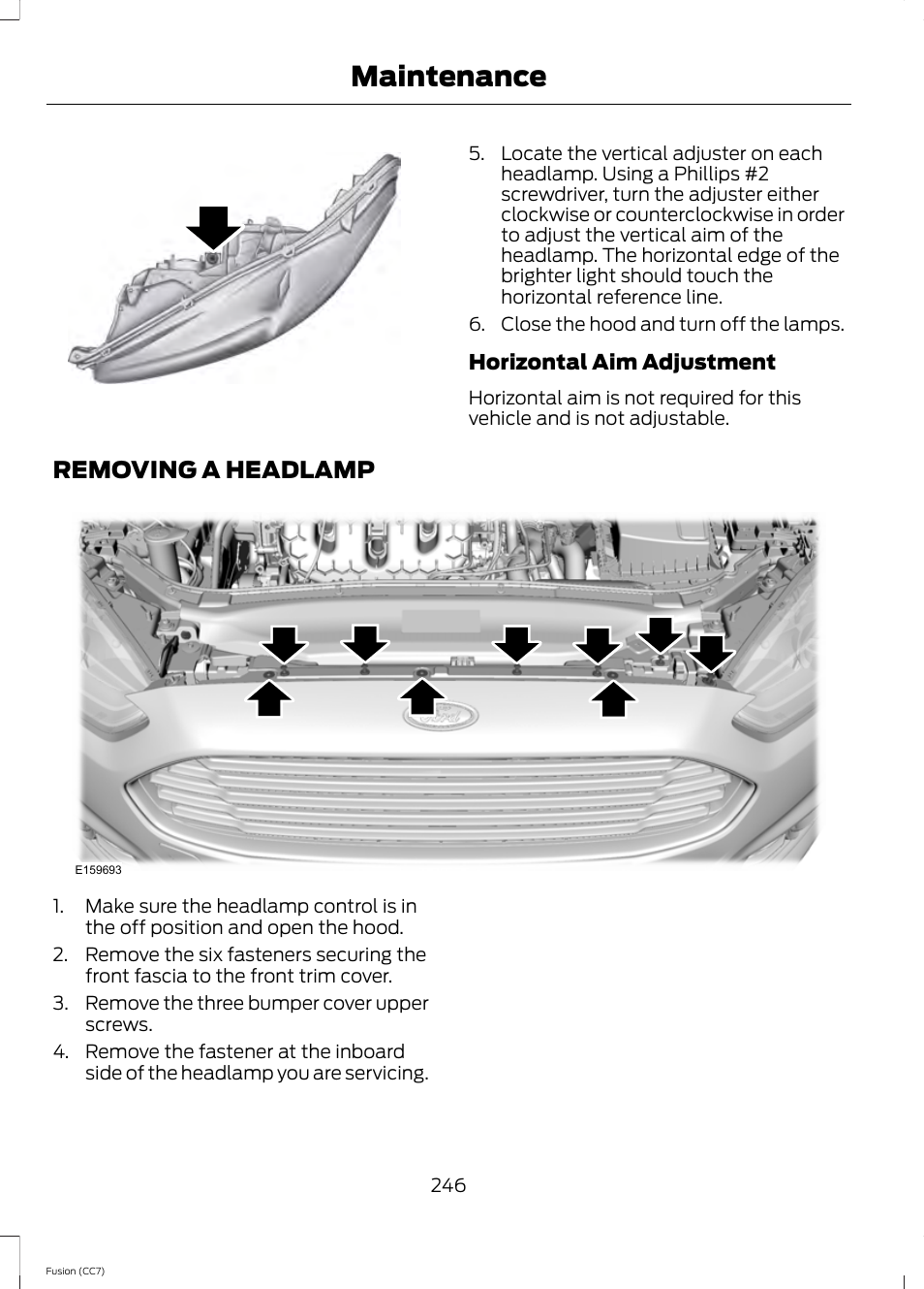 Removing a headlamp, Maintenance | FORD 2014 Fusion v.2 User Manual | Page 248 / 453