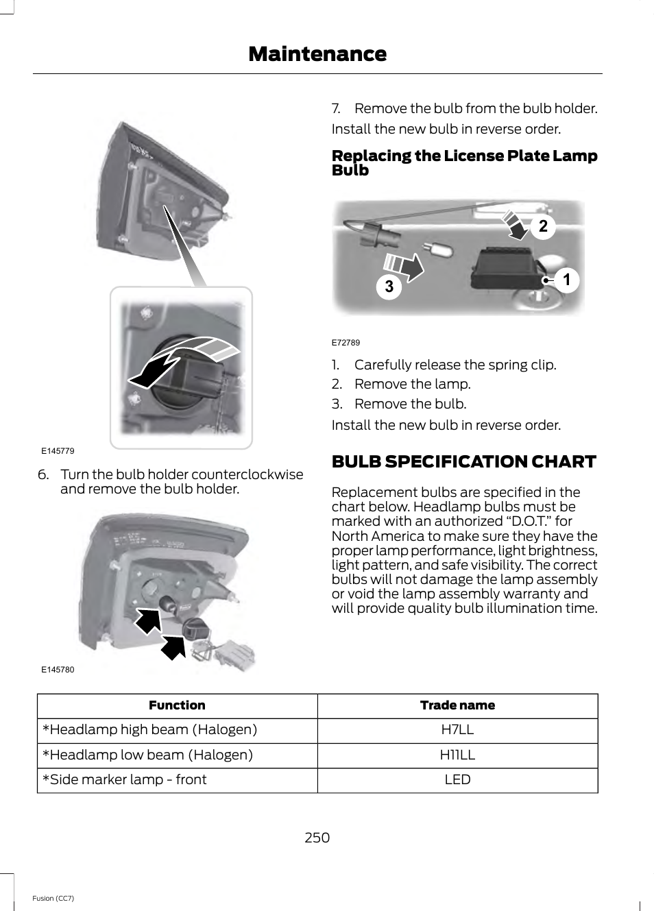 Bulb specification chart, Maintenance | FORD 2014 Fusion v.2 User Manual | Page 252 / 453