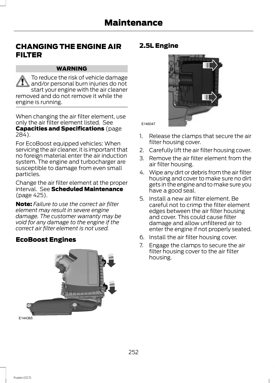 Changing the engine air filter, Maintenance | FORD 2014 Fusion v.2 User Manual | Page 254 / 453