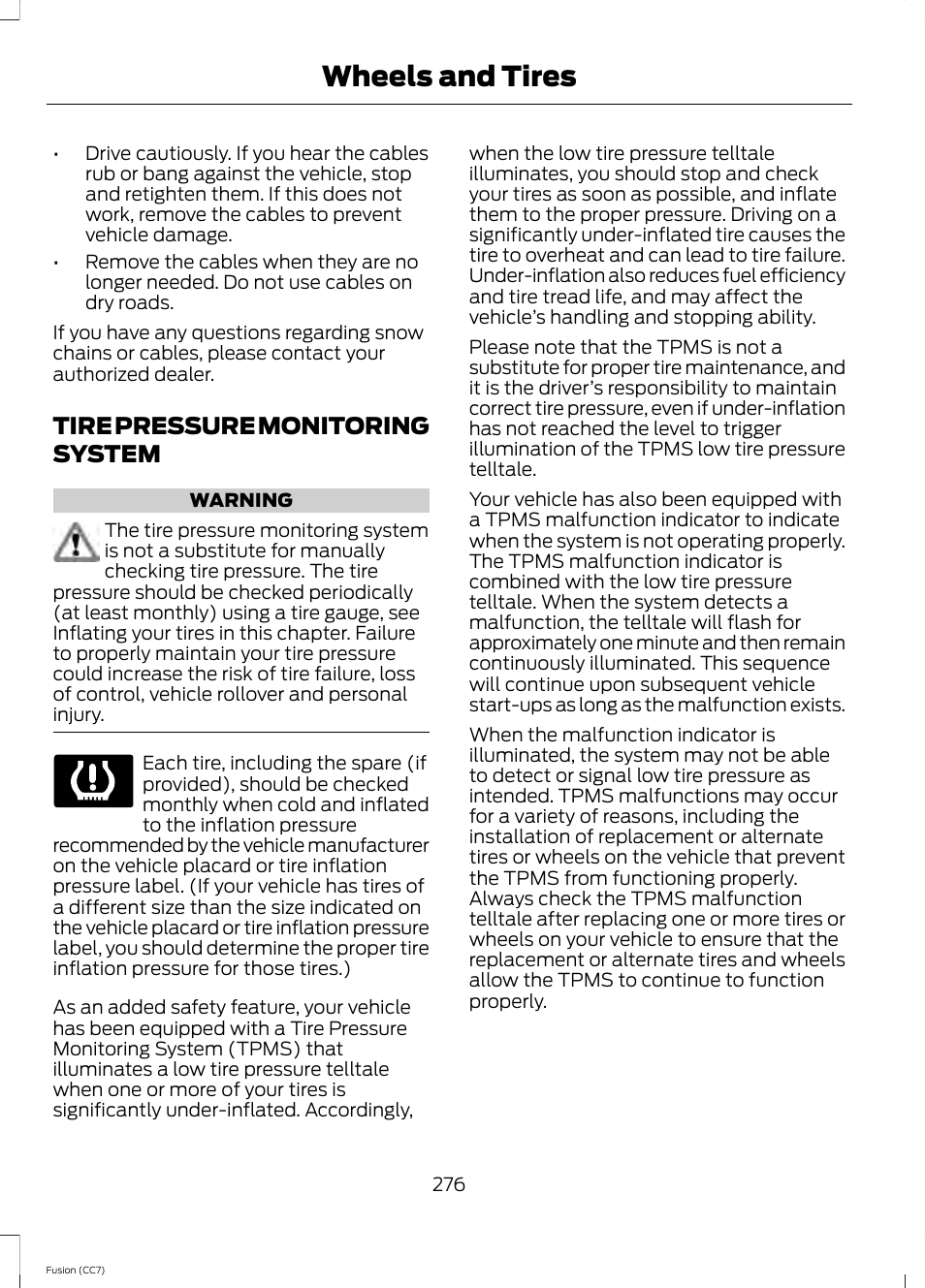 Tire pressure monitoring system, See tire pressure, Wheels and tires | FORD 2014 Fusion v.2 User Manual | Page 278 / 453