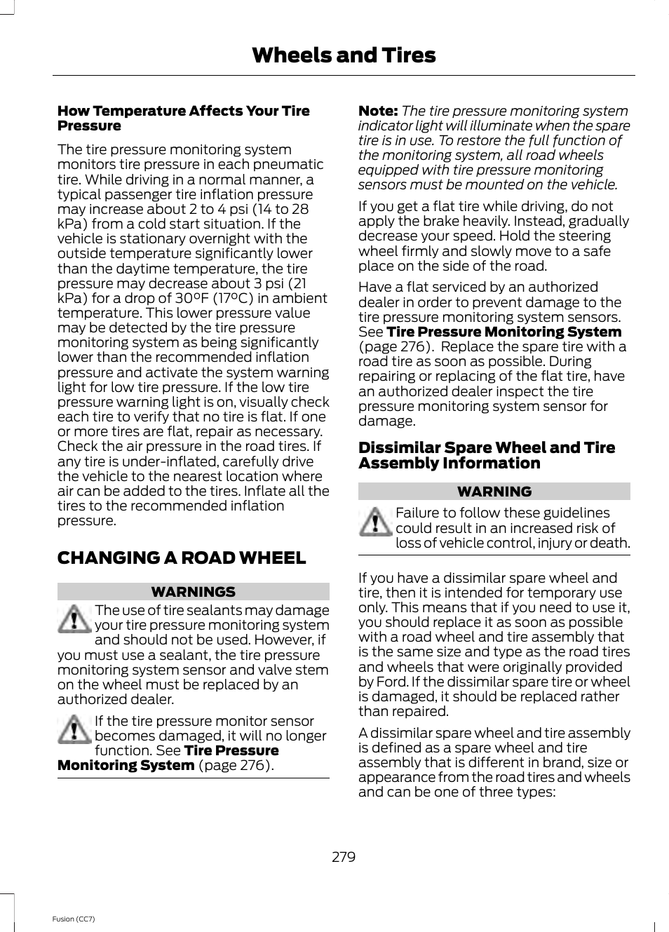 Changing a road wheel, Wheels and tires | FORD 2014 Fusion v.2 User Manual | Page 281 / 453