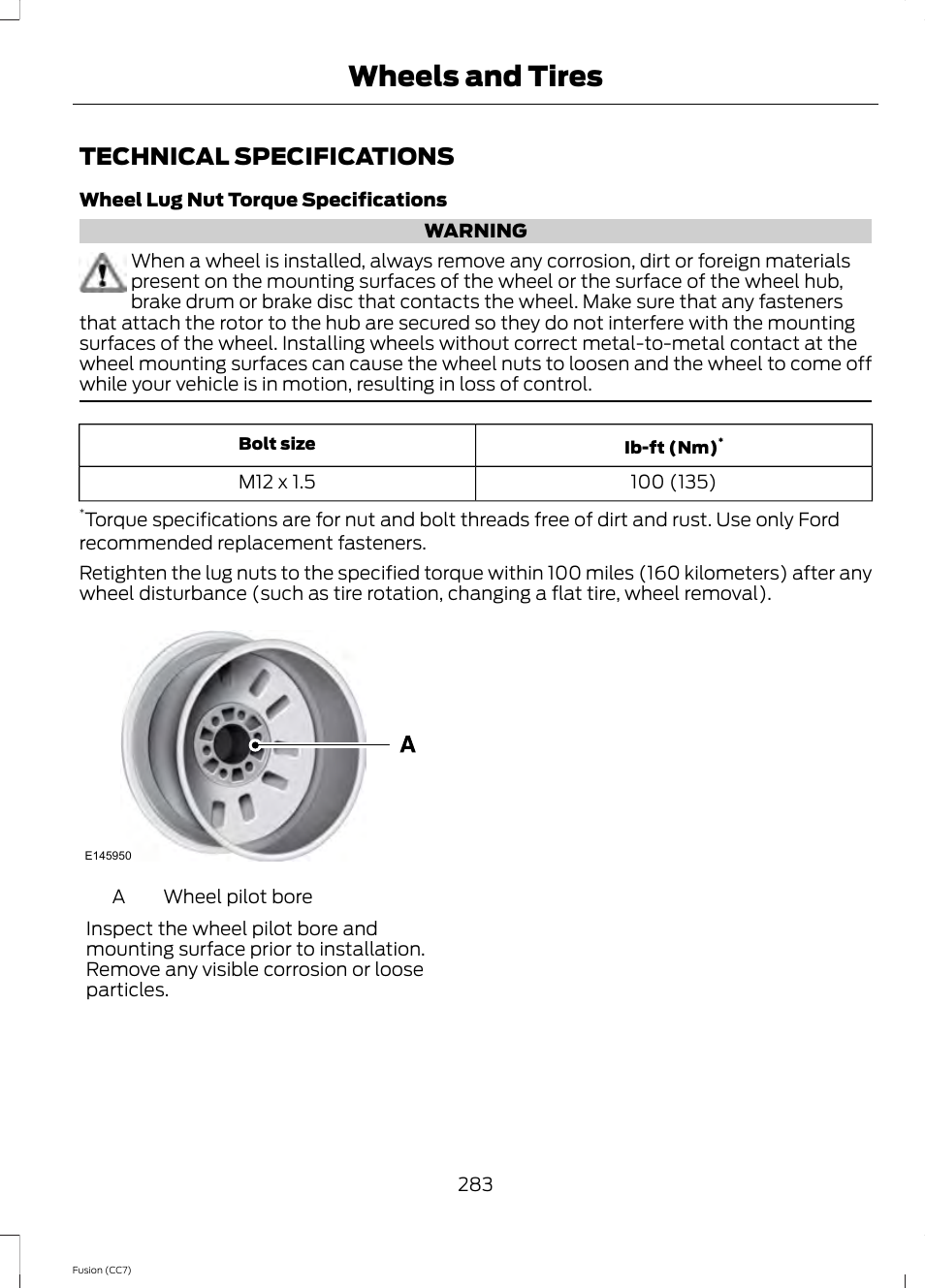 Technical specifications, Wheels and tires | FORD 2014 Fusion v.2 User Manual | Page 285 / 453