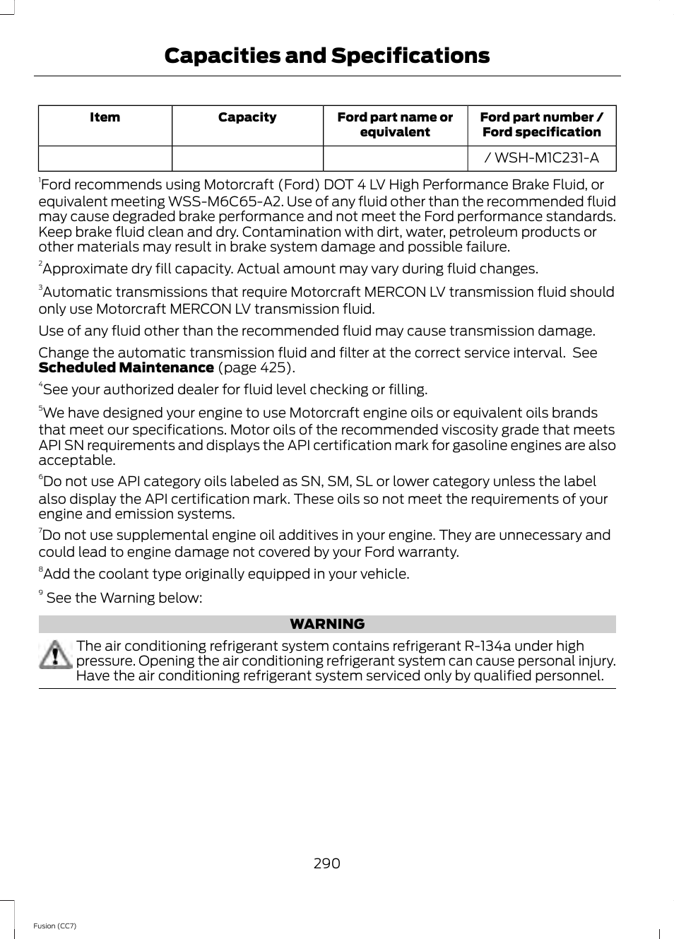 Capacities and specifications | FORD 2014 Fusion v.2 User Manual | Page 292 / 453