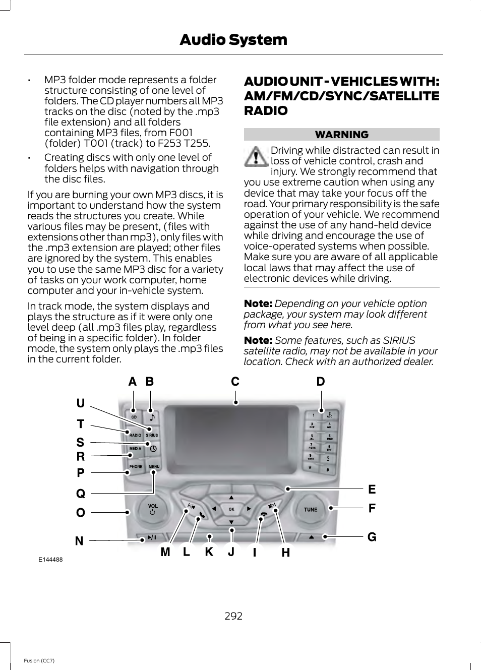 Audio unit, Audio unit - vehicles with, Am/fm/cd/sync/satellite | Radio, Audio system | FORD 2014 Fusion v.2 User Manual | Page 294 / 453