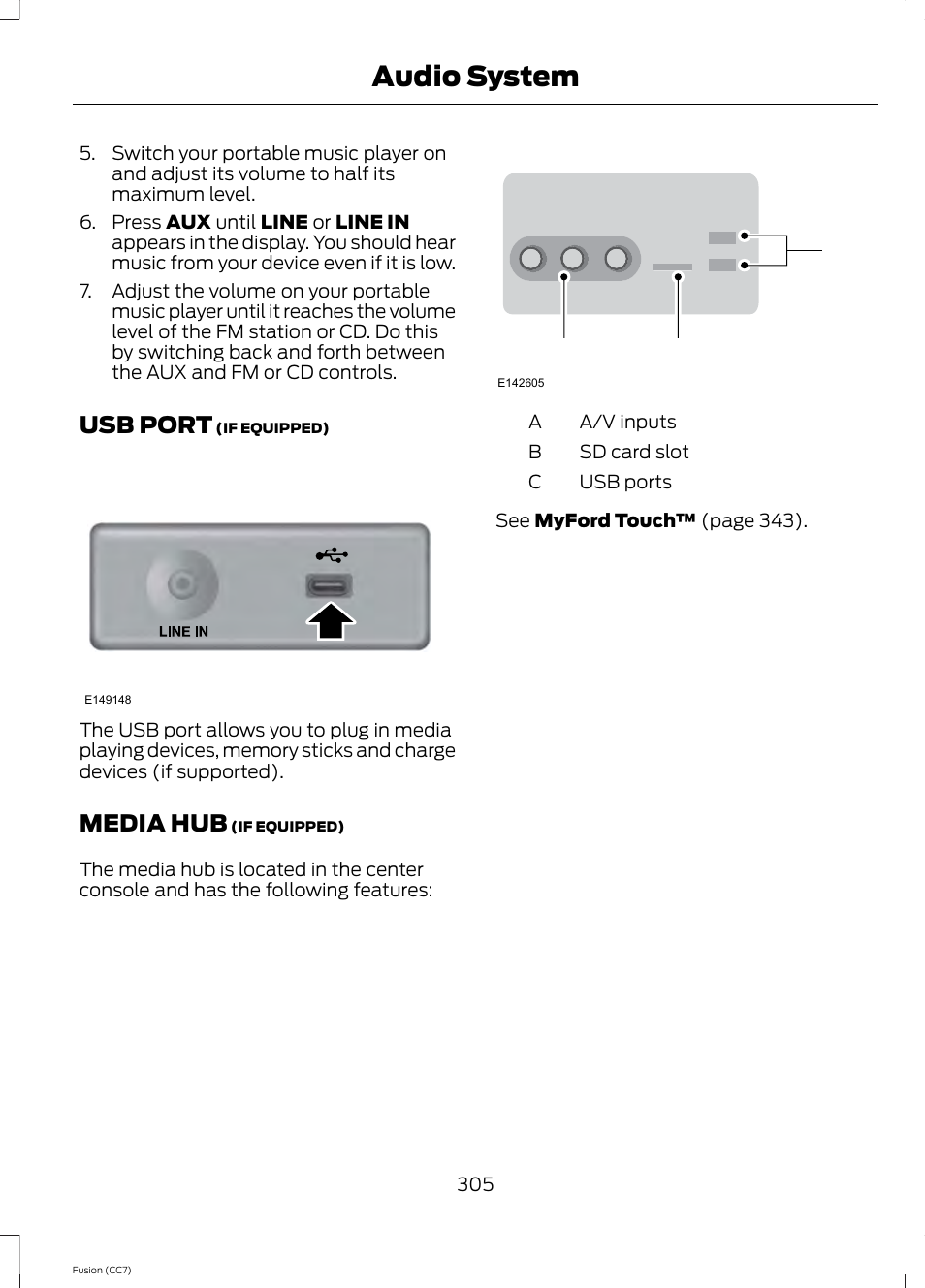 Usb port, Media hub, Usb port media hub | Audio system, Cb a | FORD 2014 Fusion v.2 User Manual | Page 307 / 453