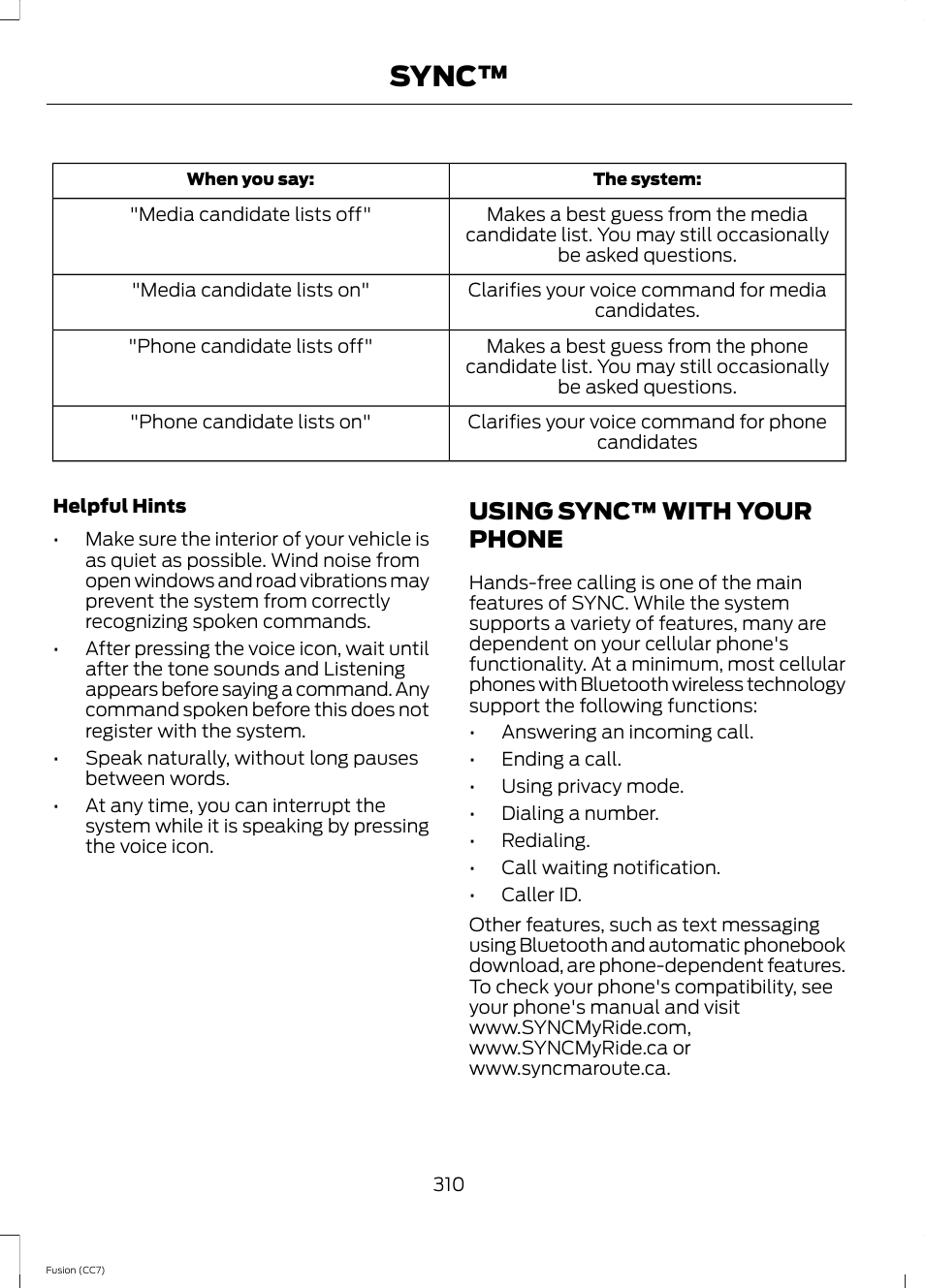 Using sync™ with your phone, Sync | FORD 2014 Fusion v.2 User Manual | Page 312 / 453