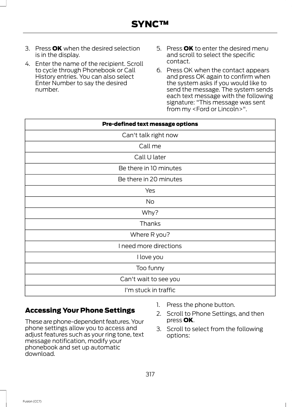 Sync | FORD 2014 Fusion v.2 User Manual | Page 319 / 453