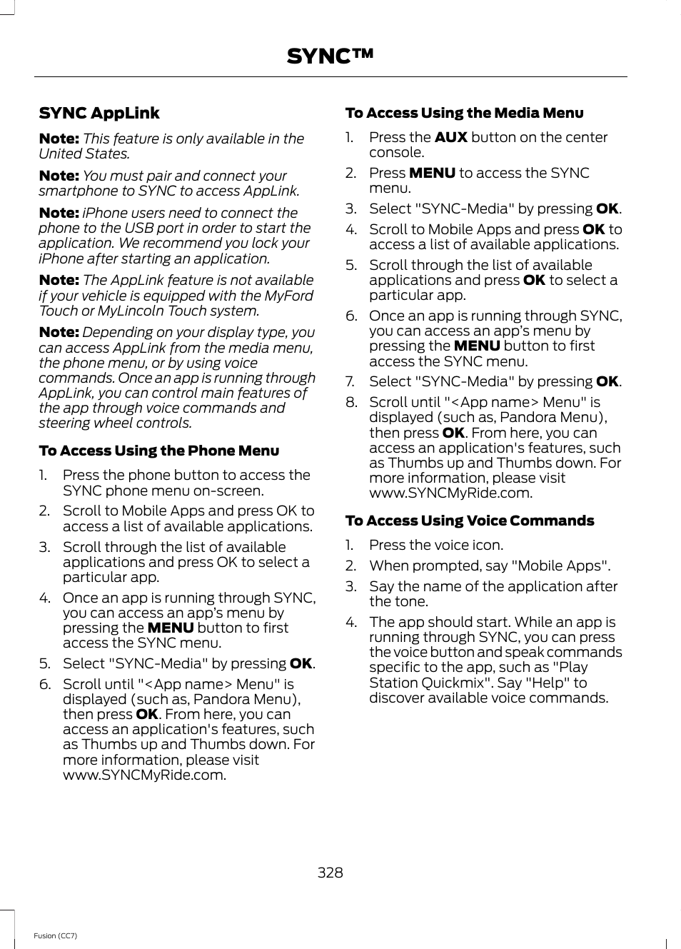 Sync | FORD 2014 Fusion v.2 User Manual | Page 330 / 453