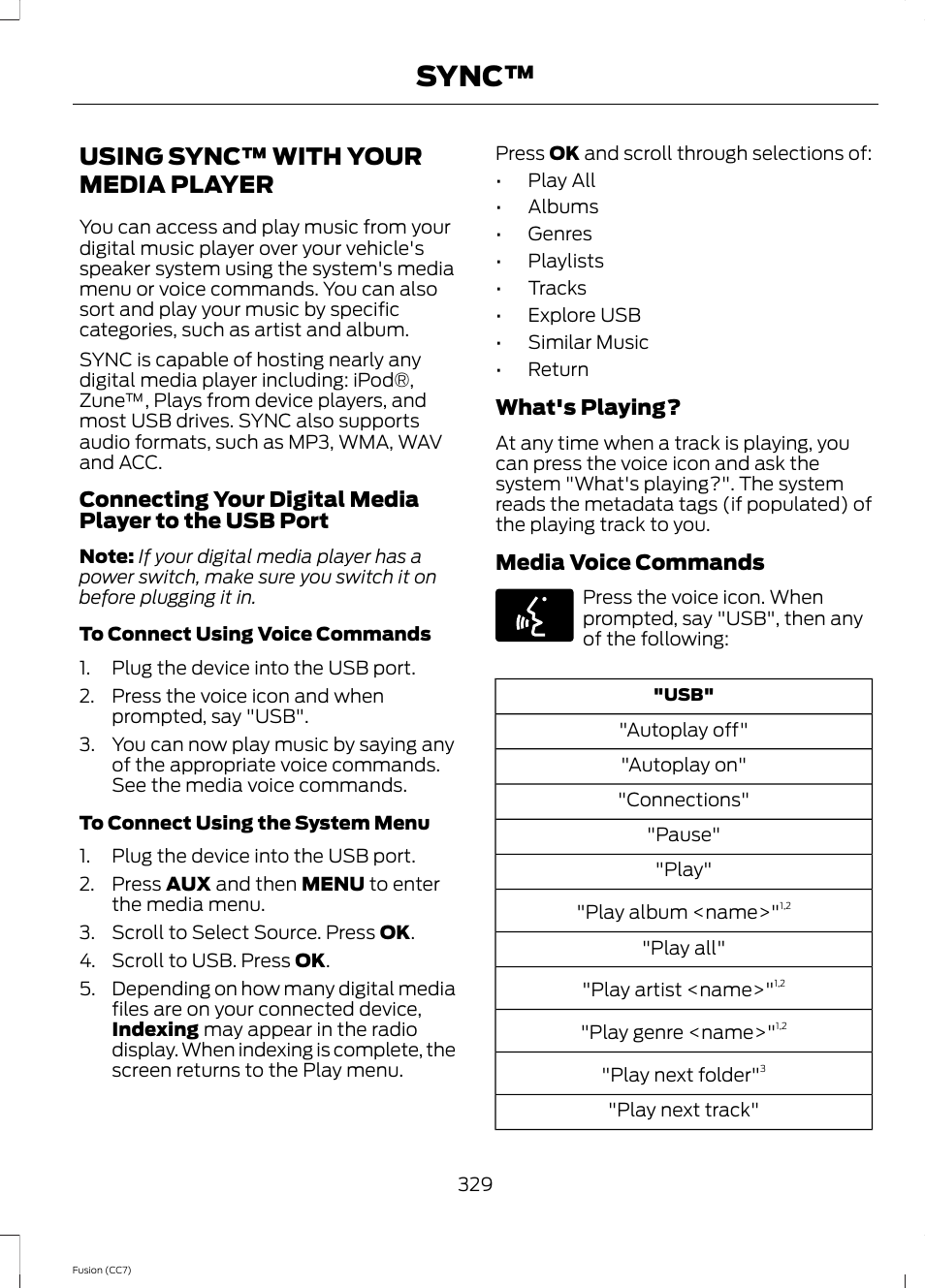 Using sync™ with your media player, Using sync™ with your media, Player | Sync | FORD 2014 Fusion v.2 User Manual | Page 331 / 453