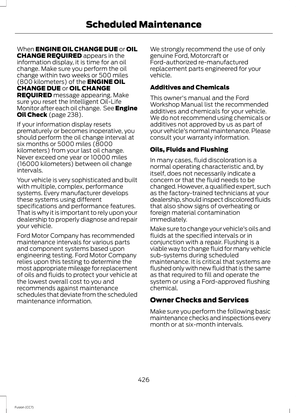 Scheduled maintenance | FORD 2014 Fusion v.2 User Manual | Page 428 / 453