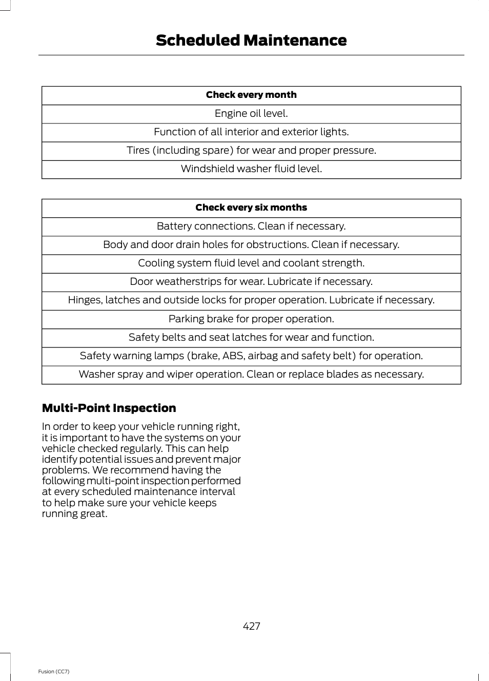 Scheduled maintenance | FORD 2014 Fusion v.2 User Manual | Page 429 / 453