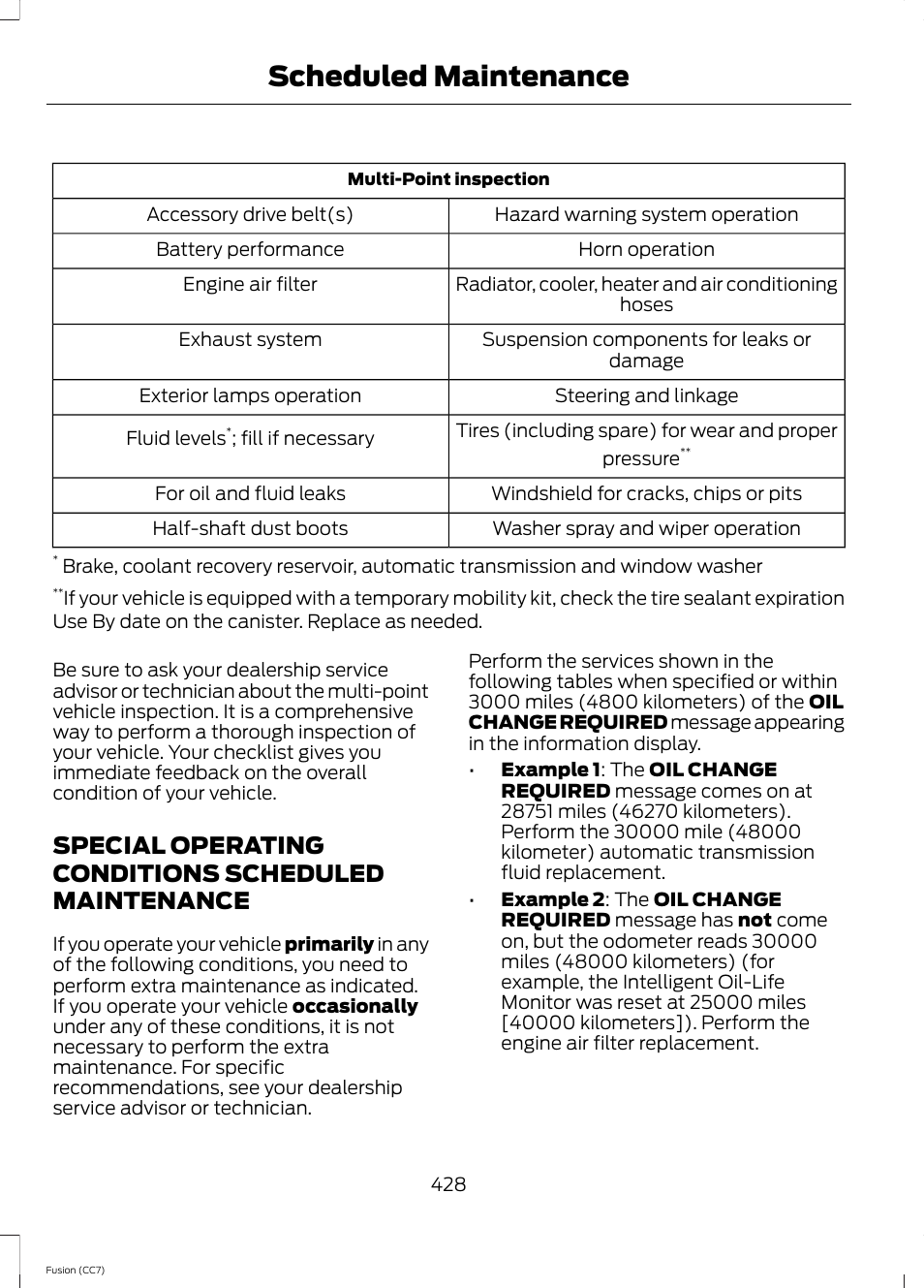 Special operating conditions scheduled maintenance, Special operating conditions scheduled, Maintenance | Scheduled maintenance | FORD 2014 Fusion v.2 User Manual | Page 430 / 453