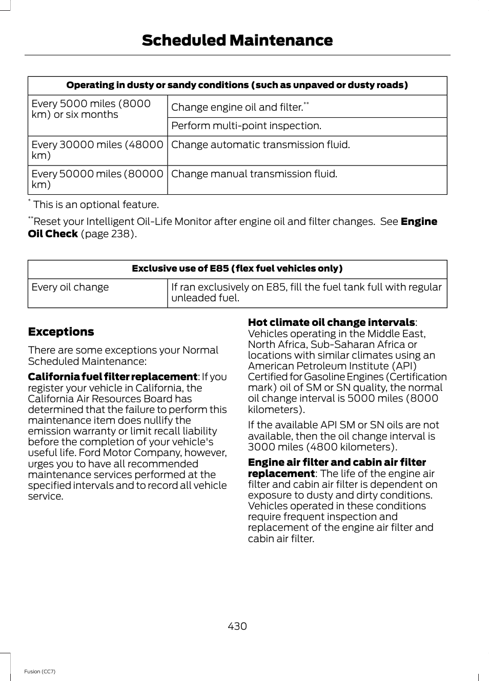 Scheduled maintenance | FORD 2014 Fusion v.2 User Manual | Page 432 / 453