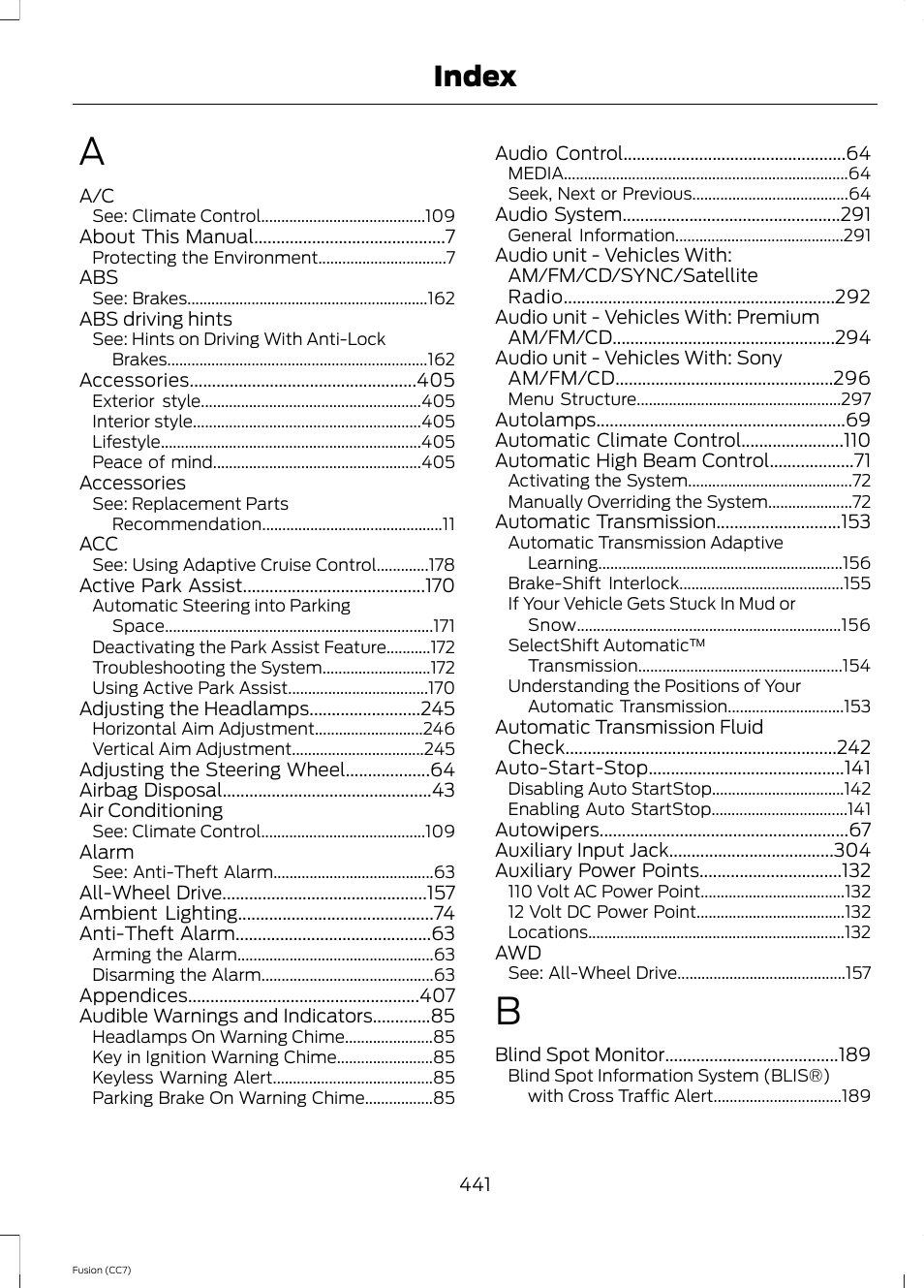 Index | FORD 2014 Fusion v.2 User Manual | Page 443 / 453