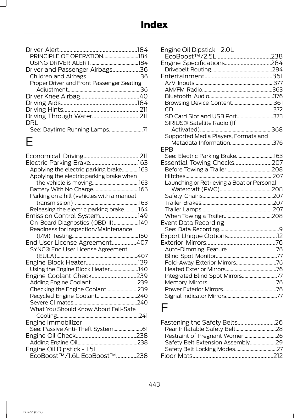 Index | FORD 2014 Fusion v.2 User Manual | Page 445 / 453