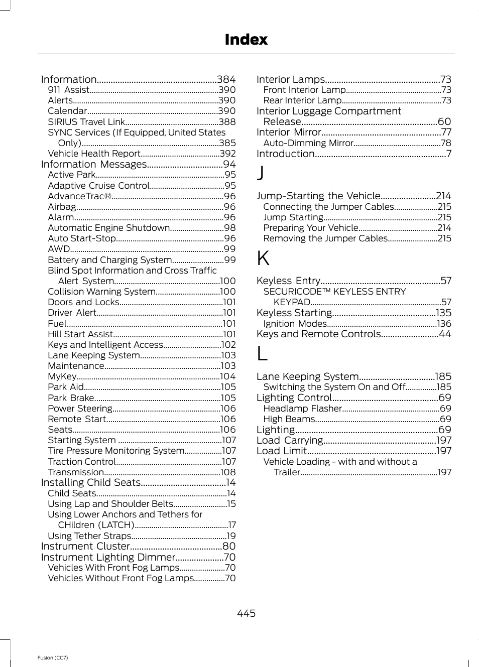Index | FORD 2014 Fusion v.2 User Manual | Page 447 / 453
