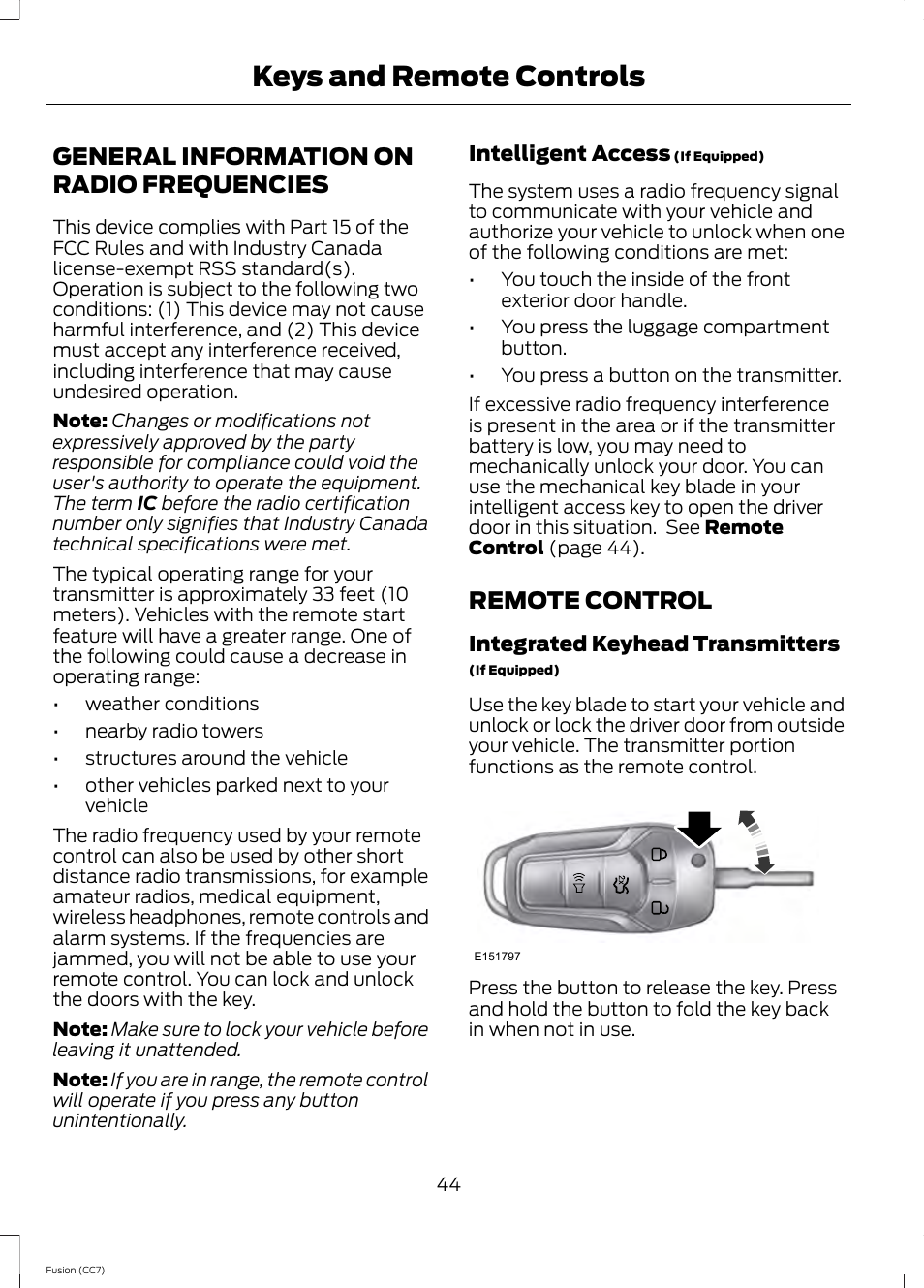 Keys and remote controls, General information on radio frequencies, Remote control | General information on radio, Frequencies | FORD 2014 Fusion v.2 User Manual | Page 46 / 453