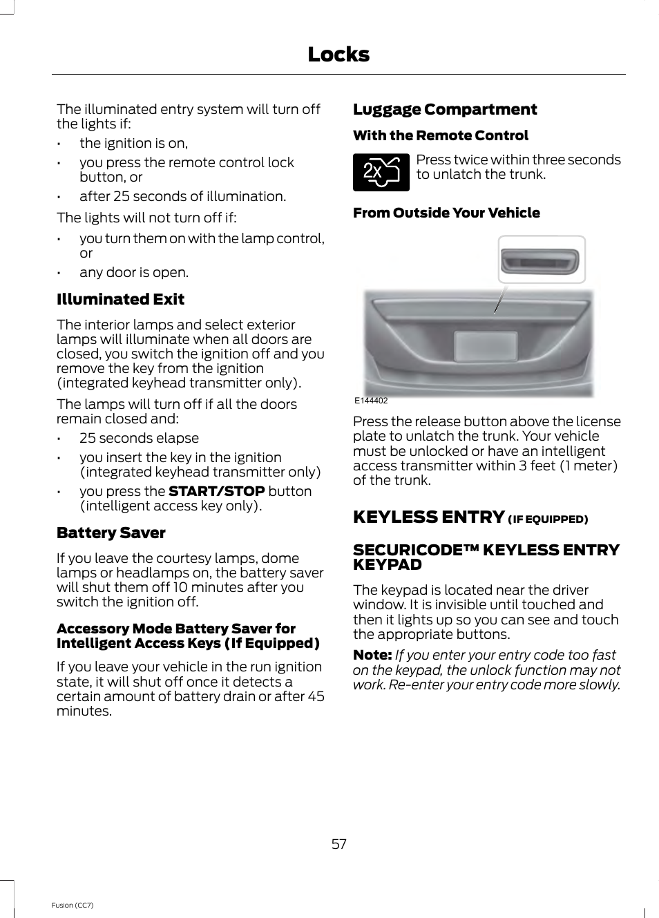 Keyless entry, Locks | FORD 2014 Fusion v.2 User Manual | Page 59 / 453