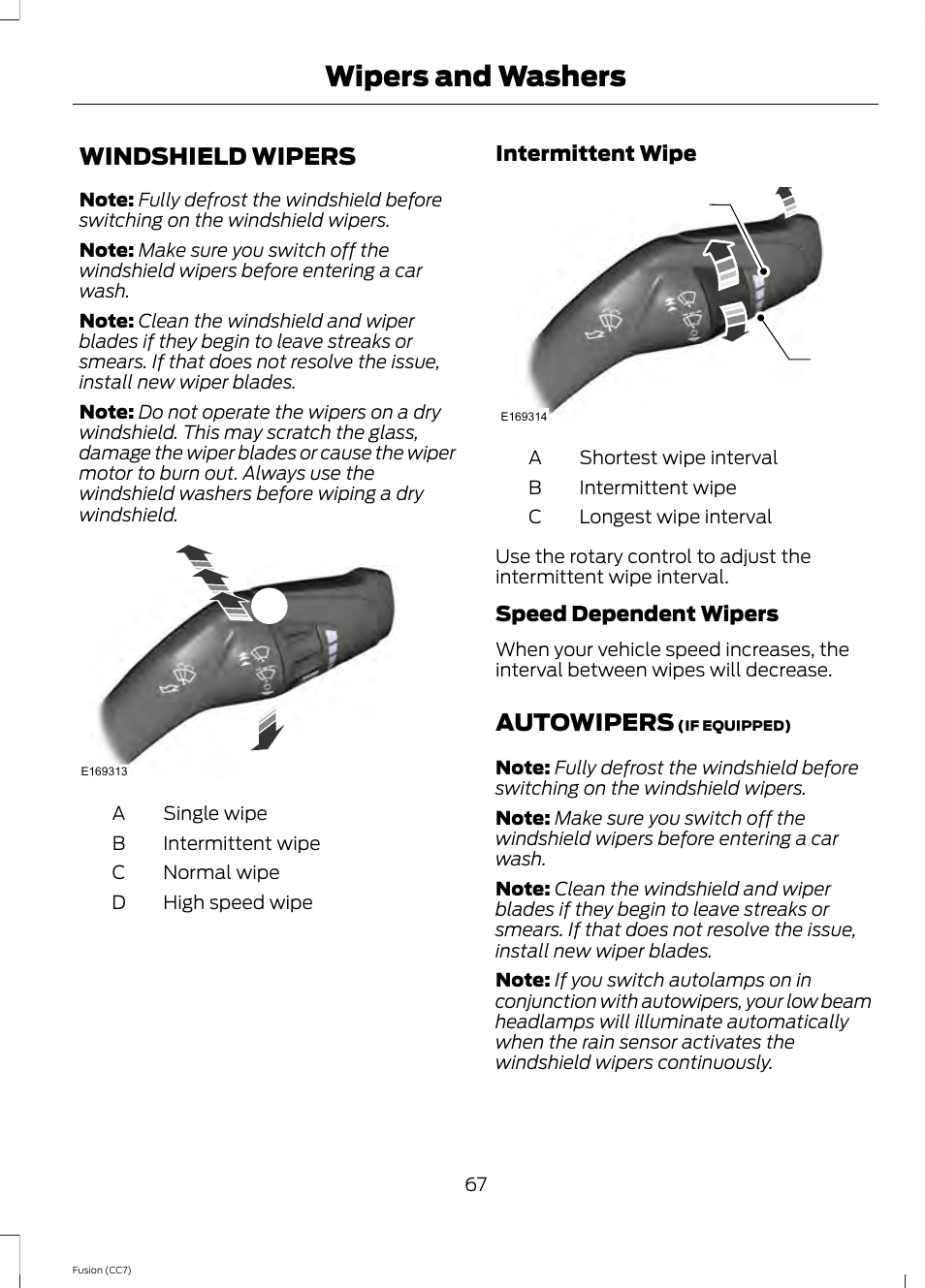 Wipers and washers, Windshield wipers, Autowipers | Windshield wipers autowipers, Dc b, Cb a | FORD 2014 Fusion v.2 User Manual | Page 69 / 453