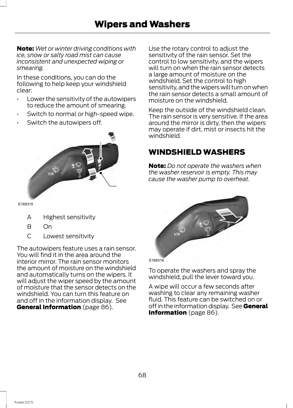 Windshield washers, Wipers and washers, Ac b | FORD 2014 Fusion v.2 User Manual | Page 70 / 453