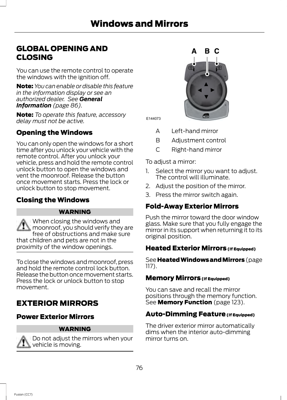 Global opening and closing, Exterior mirrors, Global opening and closing exterior mirrors | Windows and mirrors | FORD 2014 Fusion v.2 User Manual | Page 78 / 453