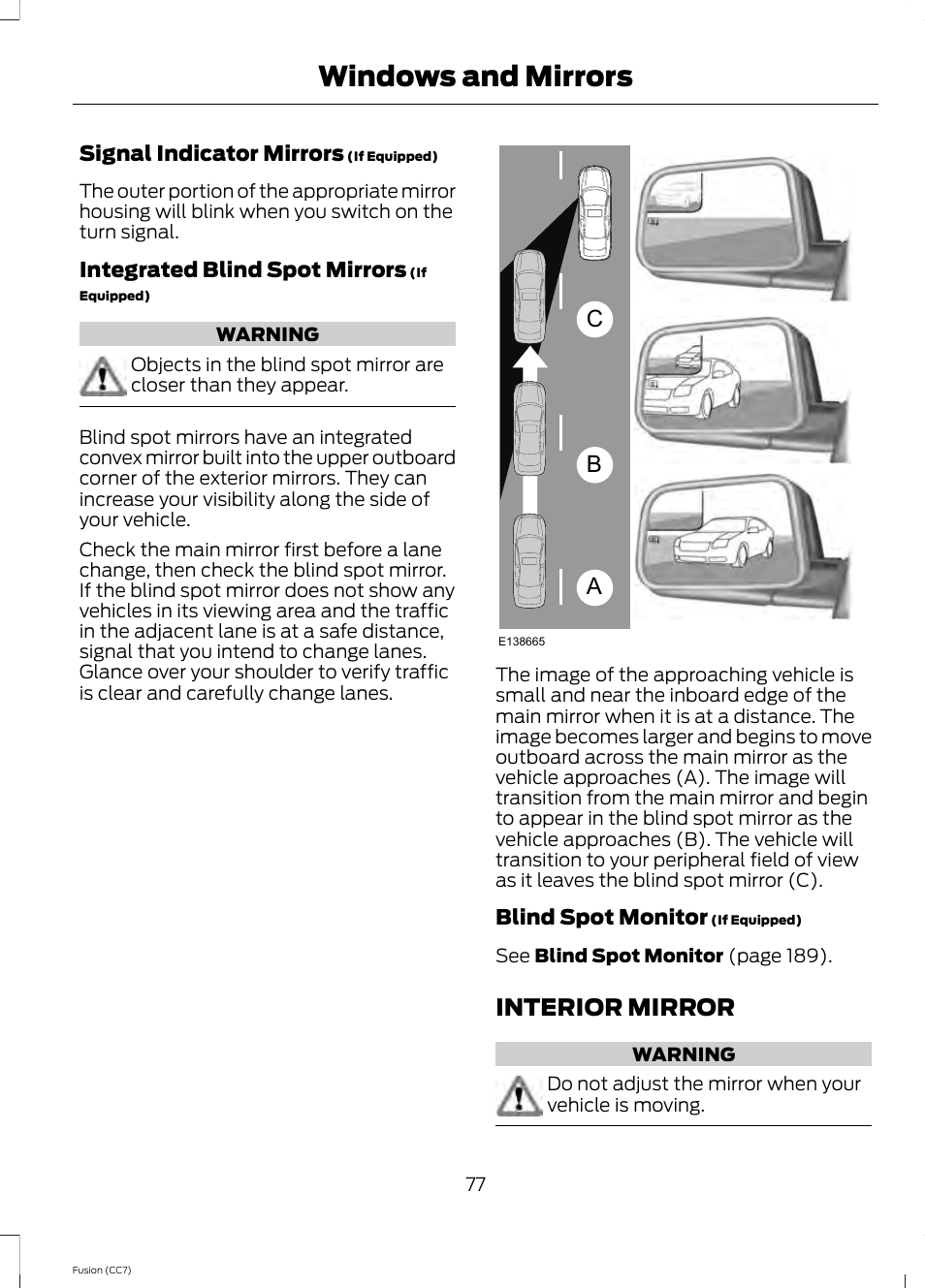Interior mirror, Windows and mirrors, Ab c | FORD 2014 Fusion v.2 User Manual | Page 79 / 453