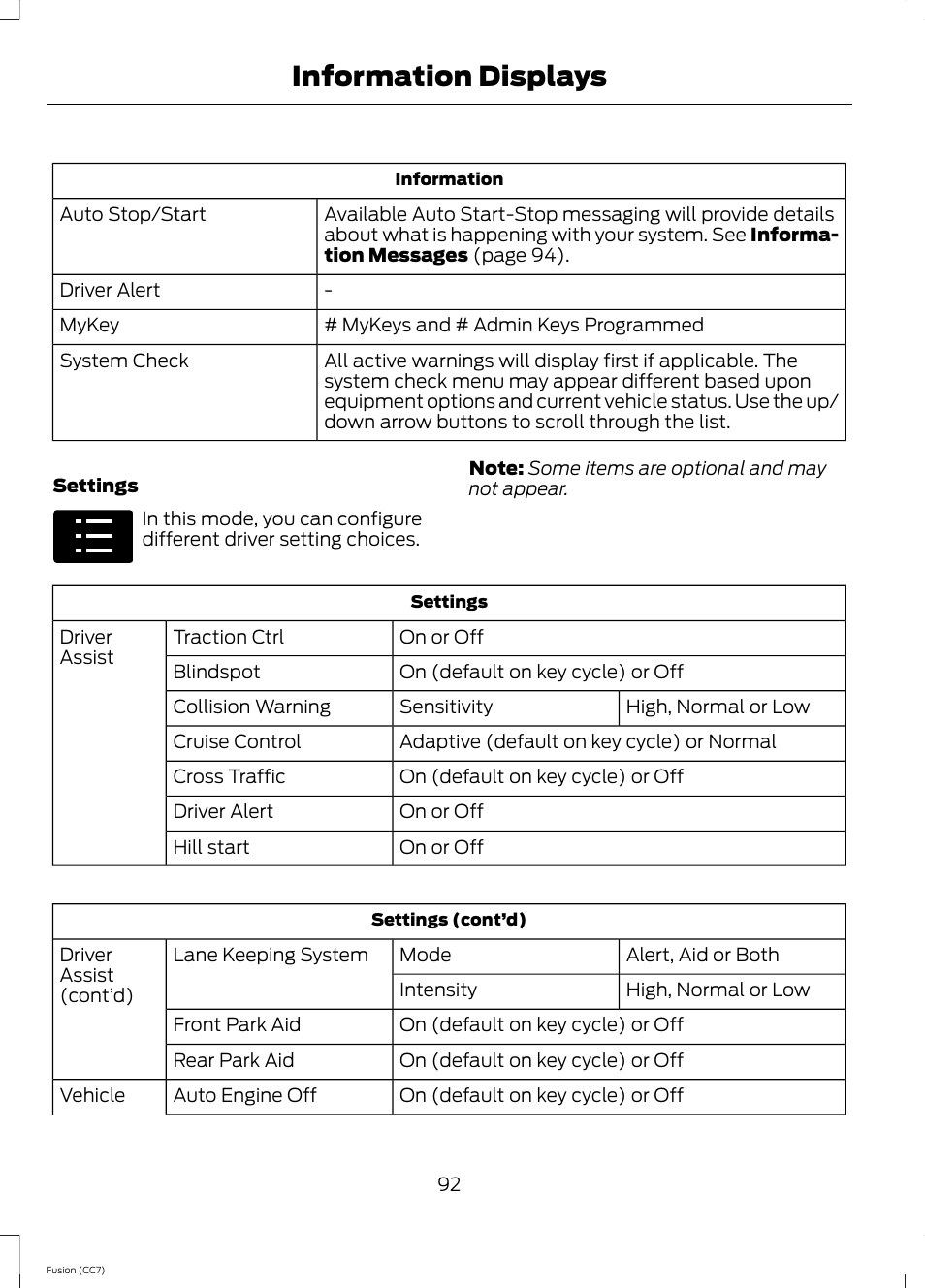 Information displays | FORD 2014 Fusion v.2 User Manual | Page 94 / 453