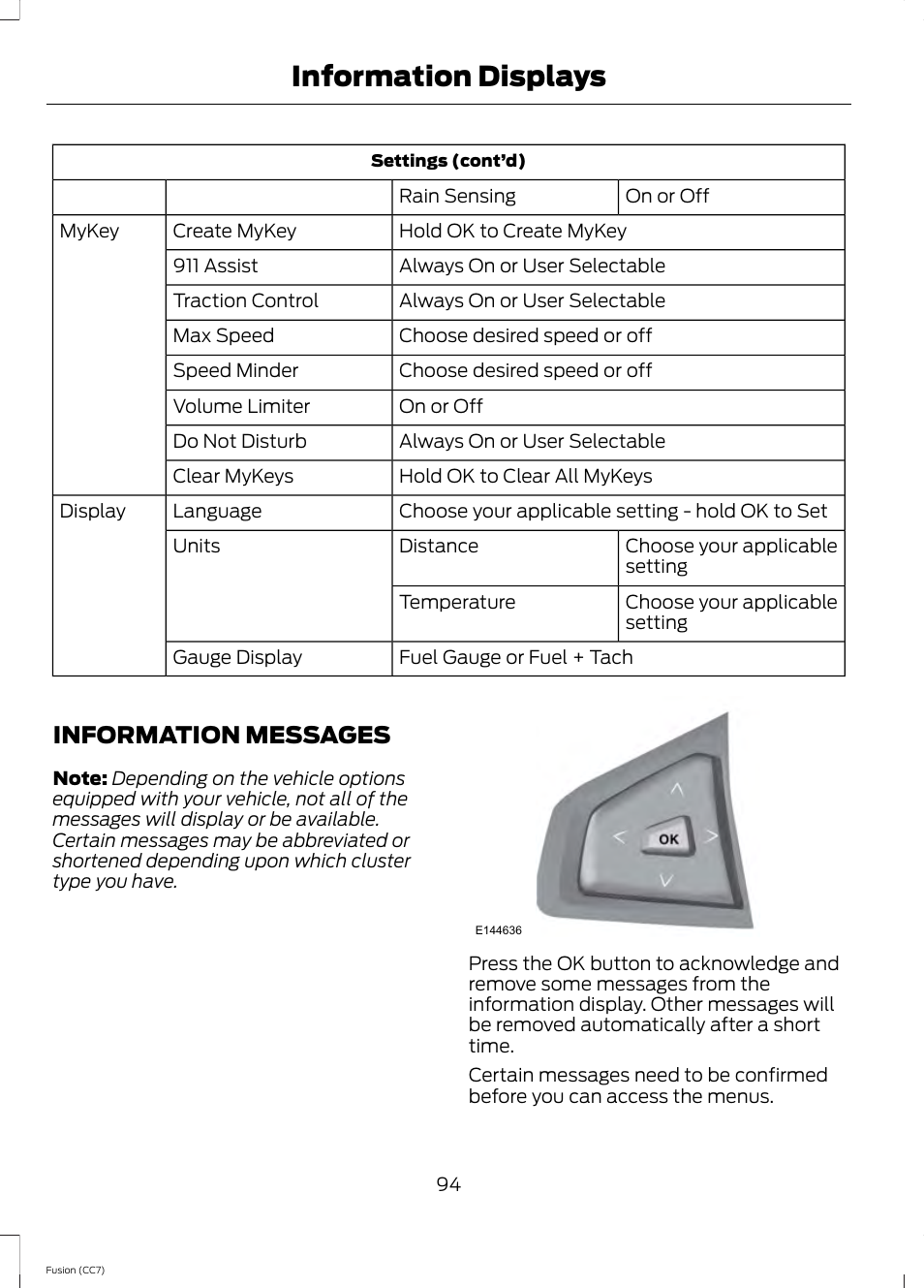 Information messages, Information displays | FORD 2014 Fusion v.2 User Manual | Page 96 / 453