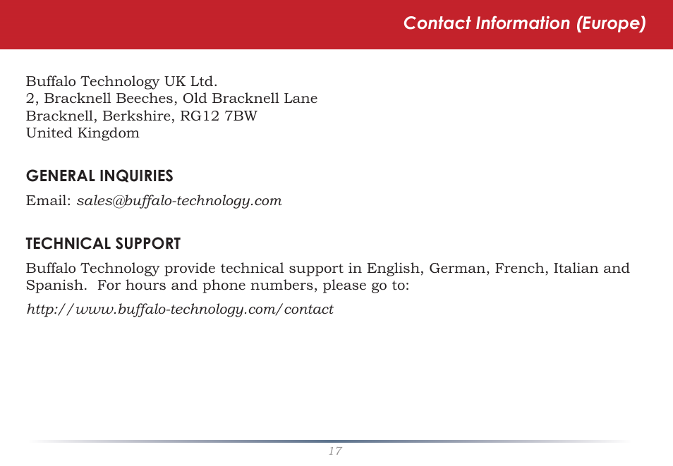 Contact information (europe) | Buffalo Technology LinkStation LS-LGL User Manual | Page 17 / 19