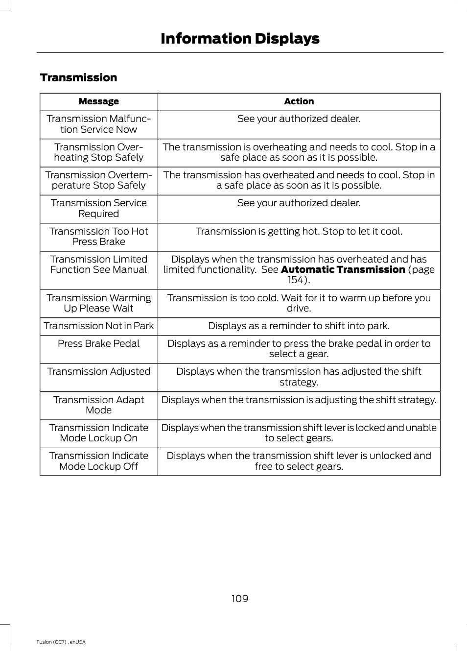 Information displays | FORD 2014 Fusion v.3 User Manual | Page 112 / 458