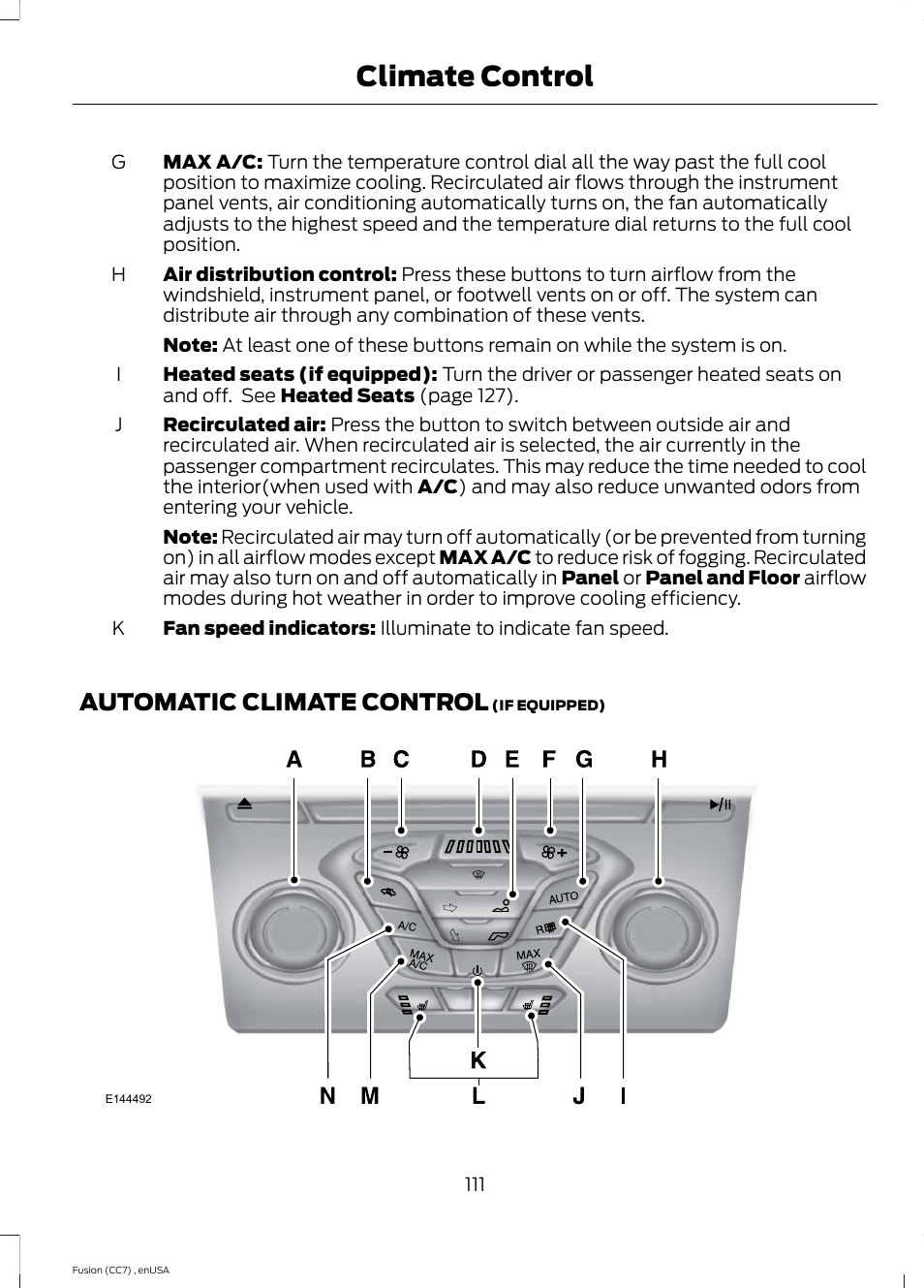 Automatic climate control, Climate control | FORD 2014 Fusion v.3 User Manual | Page 114 / 458