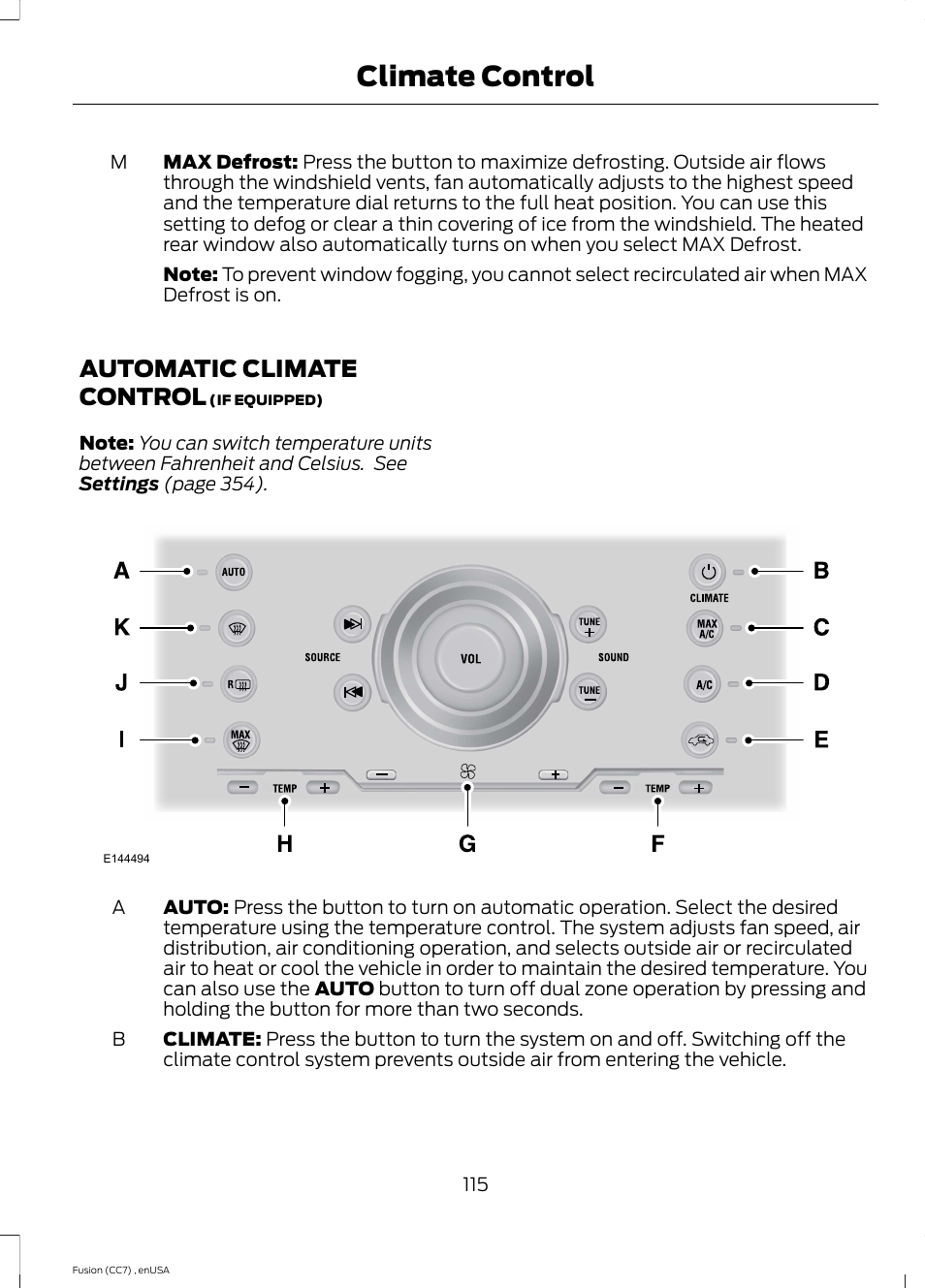 Automatic climate control, Climate control | FORD 2014 Fusion v.3 User Manual | Page 118 / 458