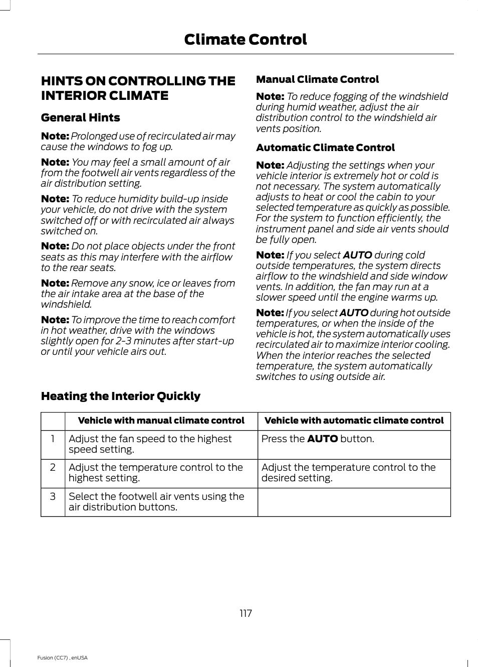 Hints on controlling the interior climate, Hints on controlling the interior, Climate | Climate control | FORD 2014 Fusion v.3 User Manual | Page 120 / 458