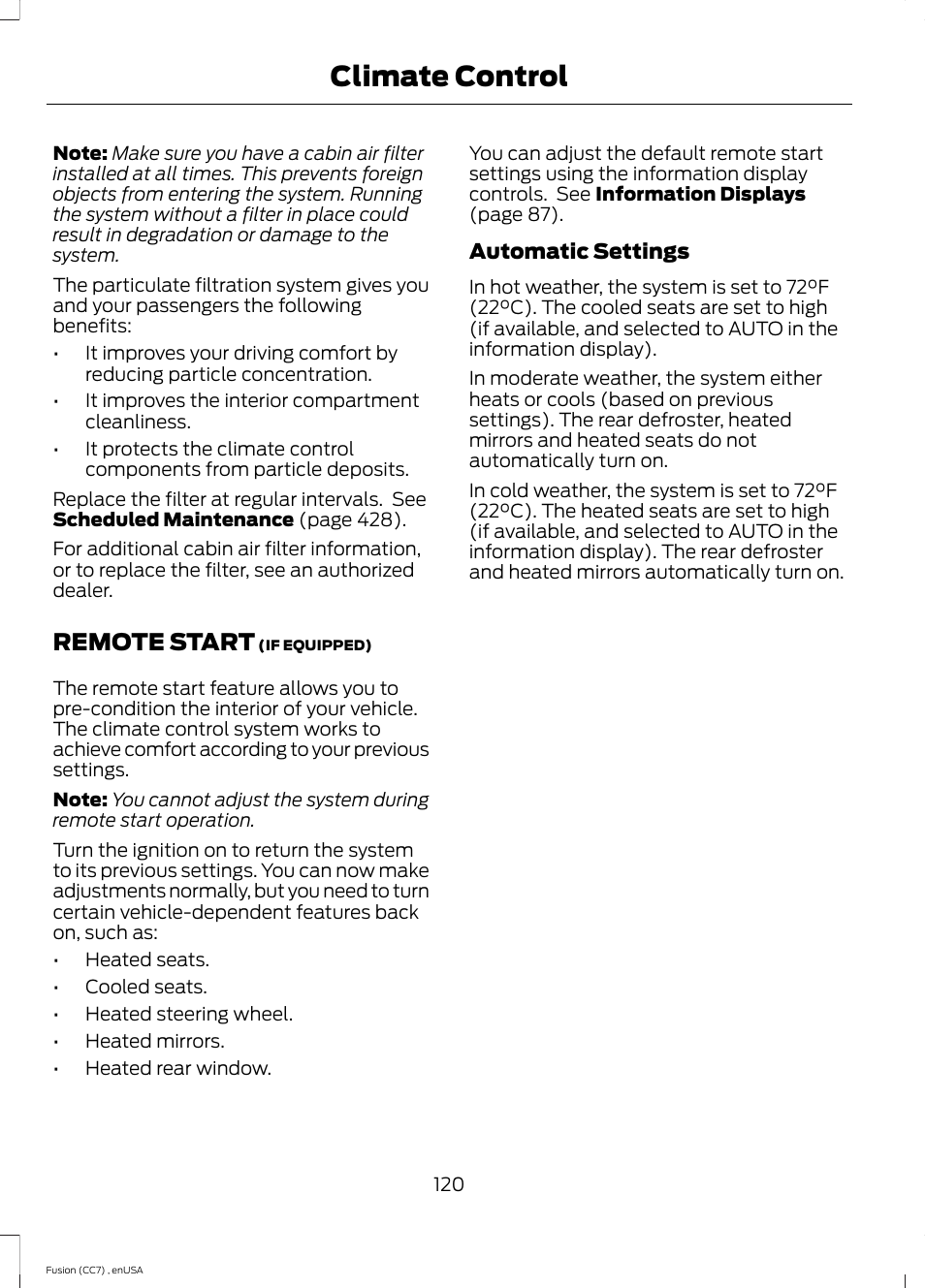 Remote start, Climate control | FORD 2014 Fusion v.3 User Manual | Page 123 / 458