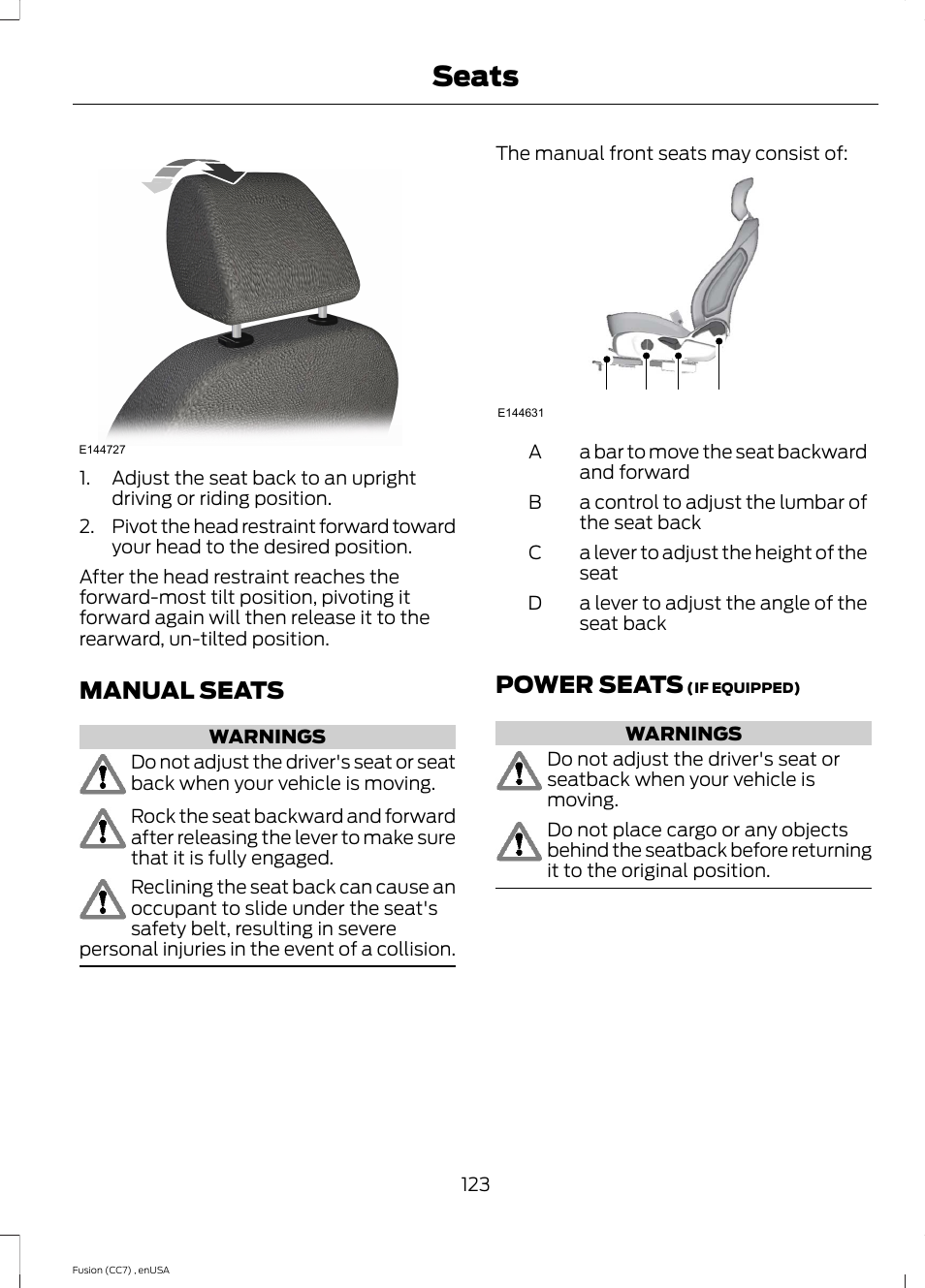 Manual seats, Power seats, Manual seats power seats | Seats, Ab c d | FORD 2014 Fusion v.3 User Manual | Page 126 / 458