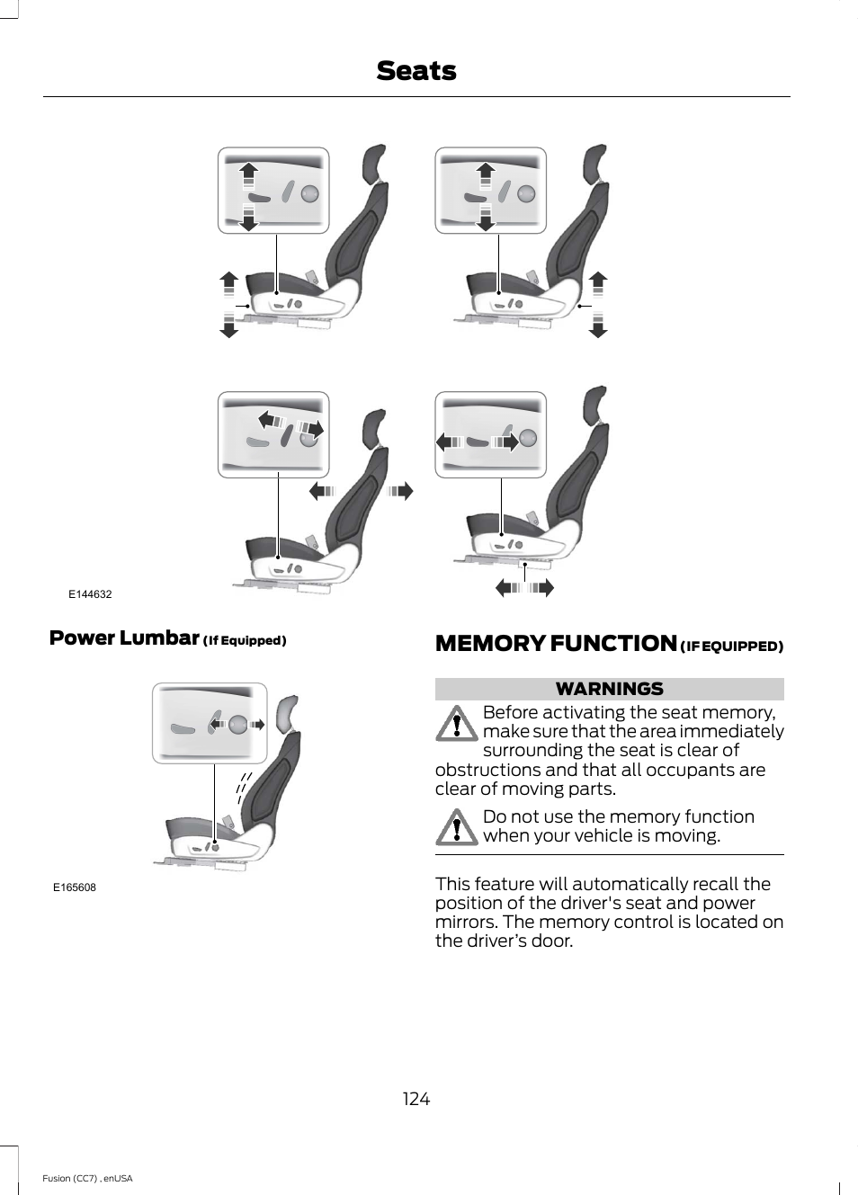 Memory function, Seats | FORD 2014 Fusion v.3 User Manual | Page 127 / 458