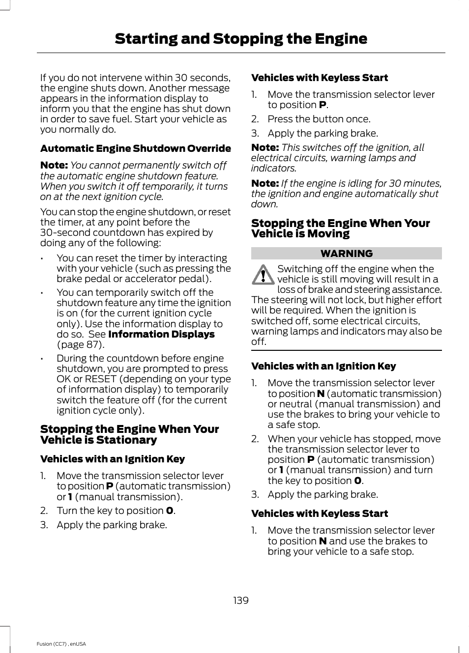 Starting and stopping the engine | FORD 2014 Fusion v.3 User Manual | Page 142 / 458