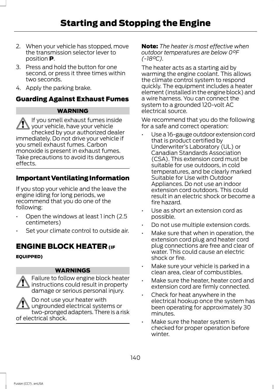 Engine block heater, Starting and stopping the engine | FORD 2014 Fusion v.3 User Manual | Page 143 / 458