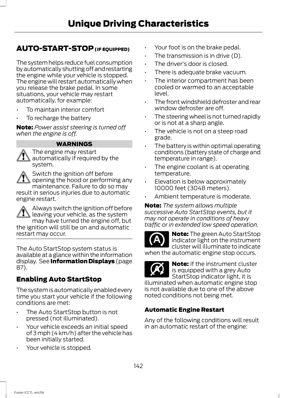 Unique driving characteristics, Auto-start-stop, Unique driving character | Istics | FORD 2014 Fusion v.3 User Manual | Page 145 / 458