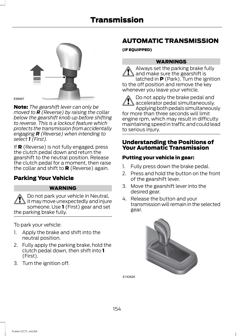 Automatic transmission, Transmission, Parking your vehicle | FORD 2014 Fusion v.3 User Manual | Page 157 / 458