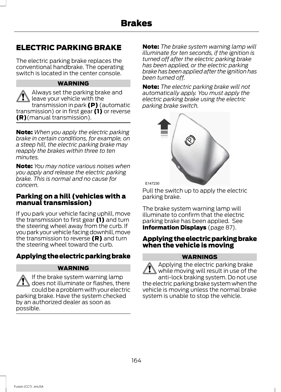 Electric parking brake, Brakes | FORD 2014 Fusion v.3 User Manual | Page 167 / 458