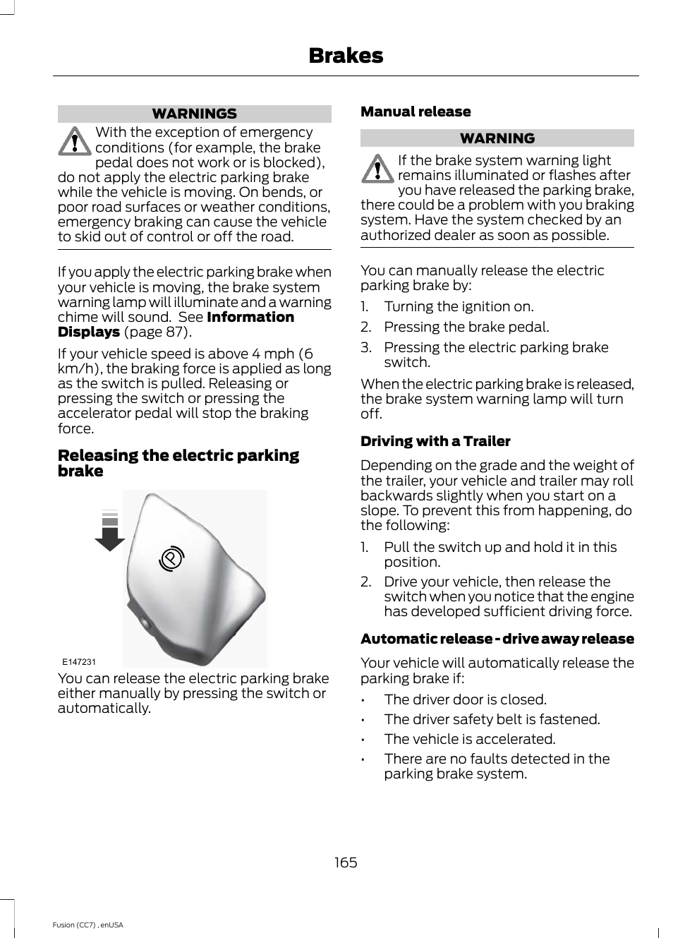 Brakes | FORD 2014 Fusion v.3 User Manual | Page 168 / 458