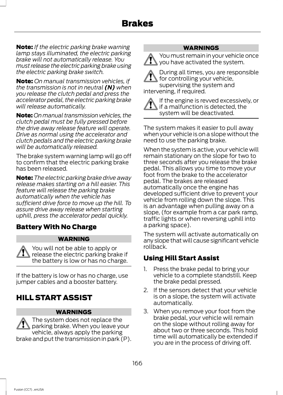 Hill start assist, Brakes | FORD 2014 Fusion v.3 User Manual | Page 169 / 458