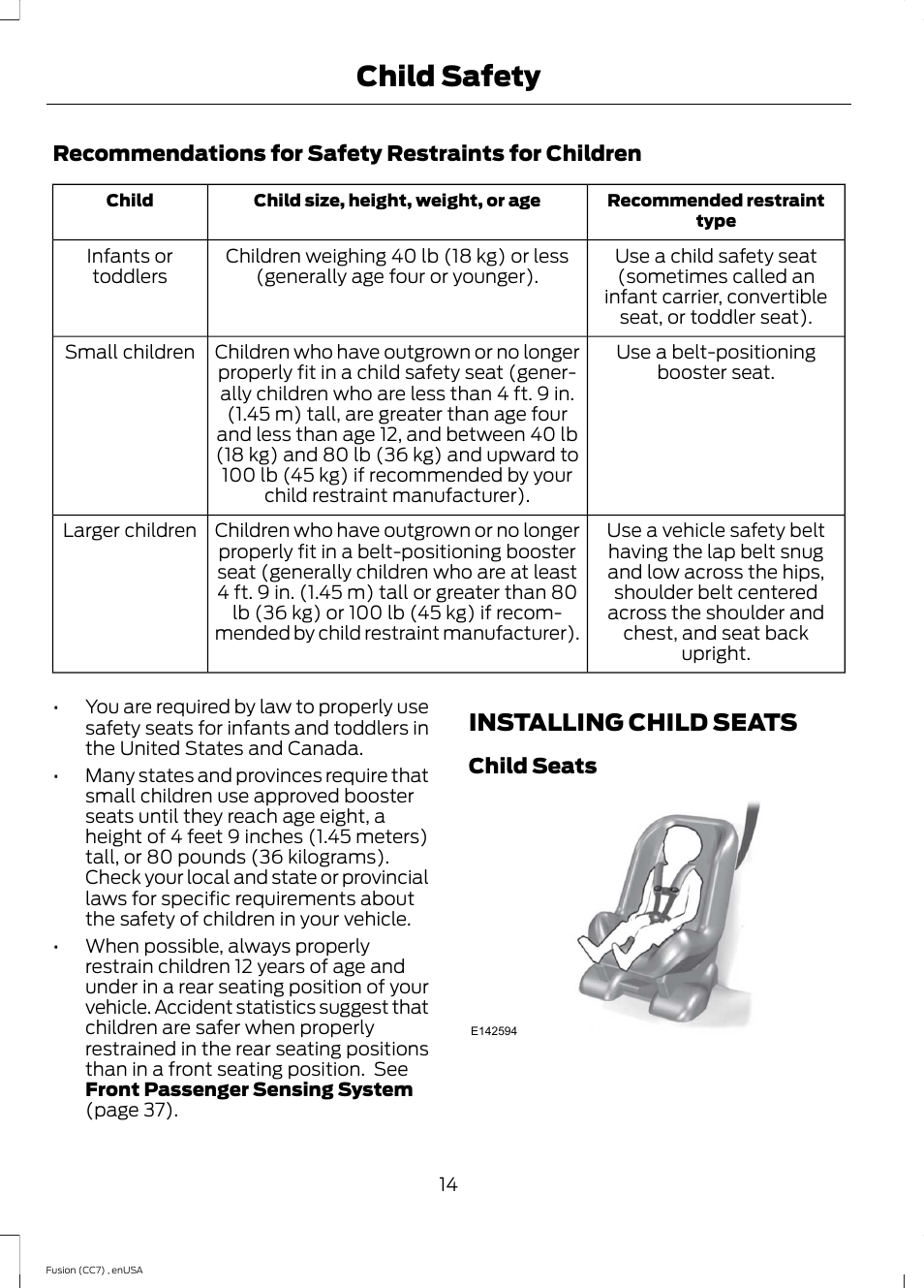 Installing child seats, Child safety | FORD 2014 Fusion v.3 User Manual | Page 17 / 458