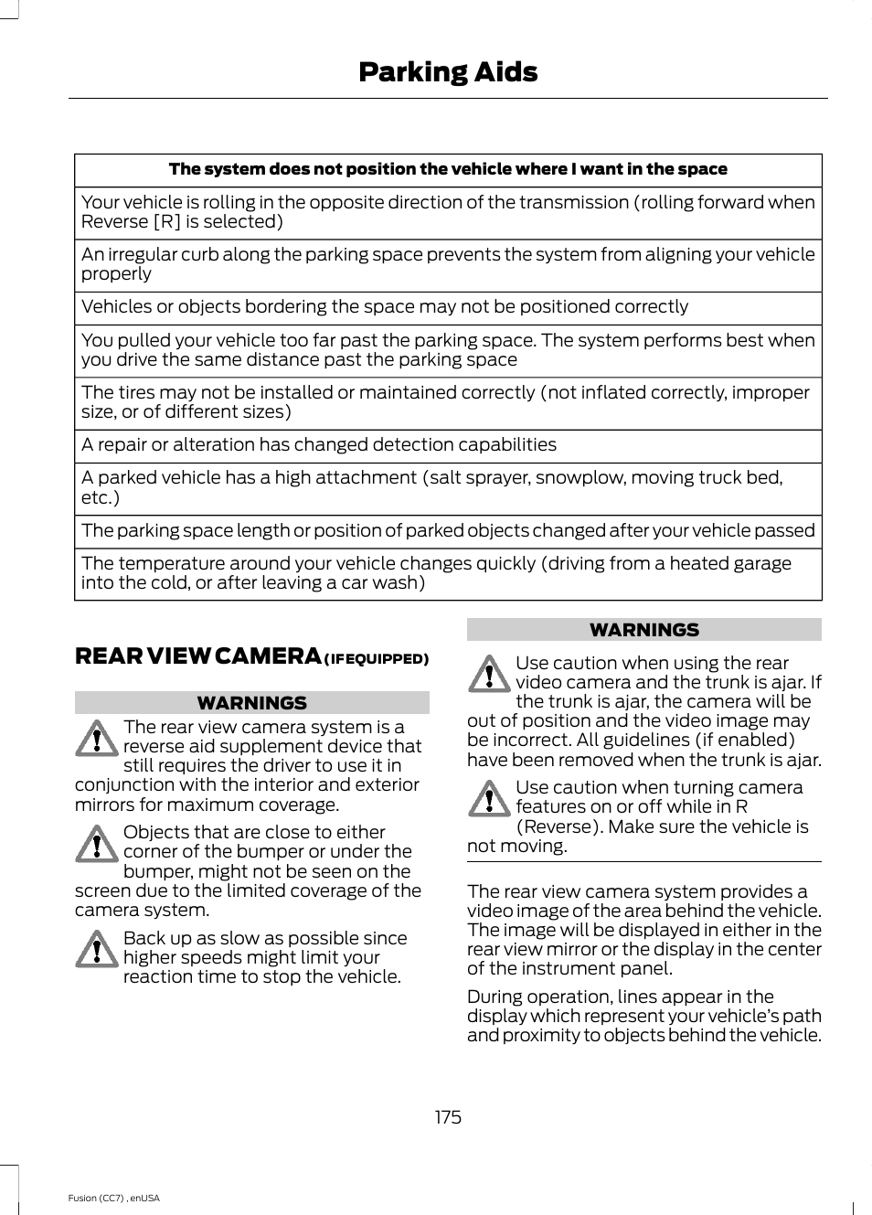 Rear view camera, Parking aids | FORD 2014 Fusion v.3 User Manual | Page 178 / 458