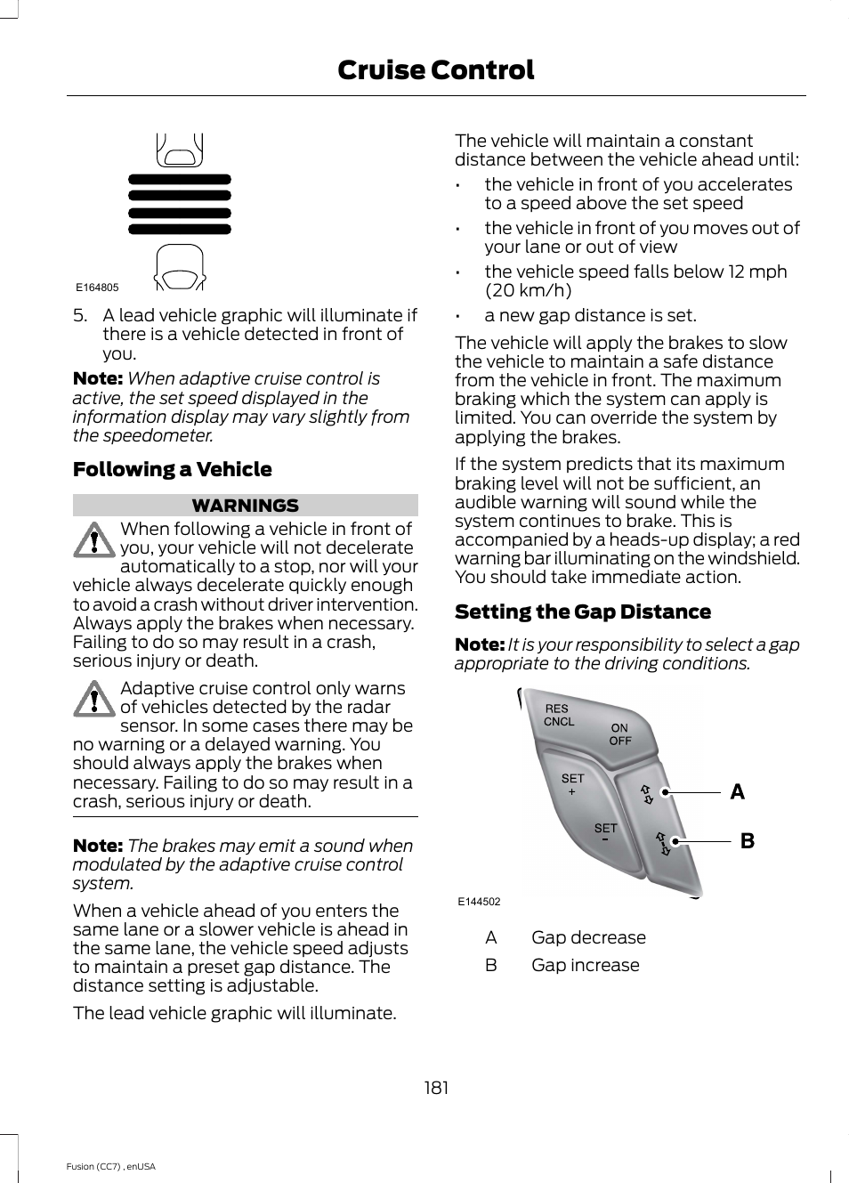 Cruise control | FORD 2014 Fusion v.3 User Manual | Page 184 / 458