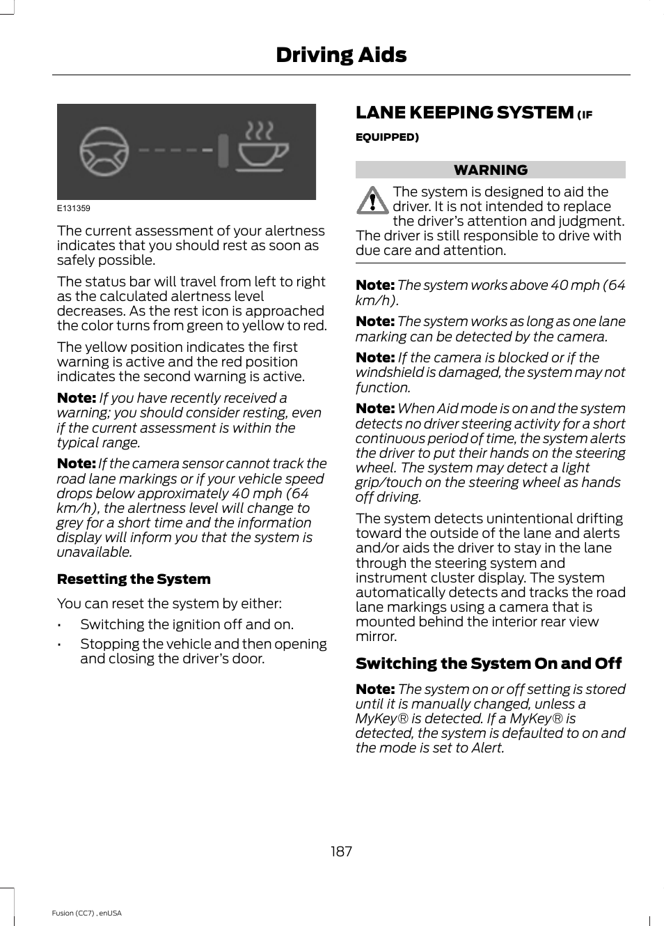 Lane keeping system, Driving aids | FORD 2014 Fusion v.3 User Manual | Page 190 / 458