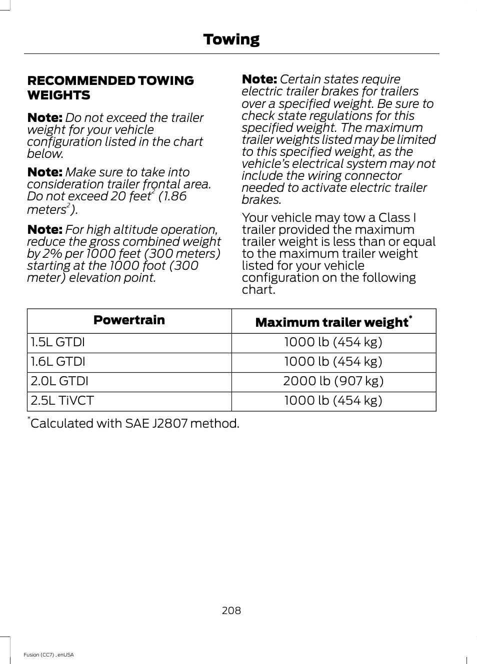 Recommended towing weights, Towing | FORD 2014 Fusion v.3 User Manual | Page 211 / 458