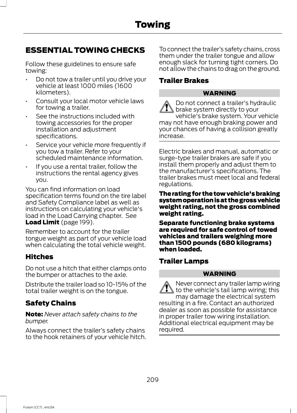 Essential towing checks, Towing | FORD 2014 Fusion v.3 User Manual | Page 212 / 458